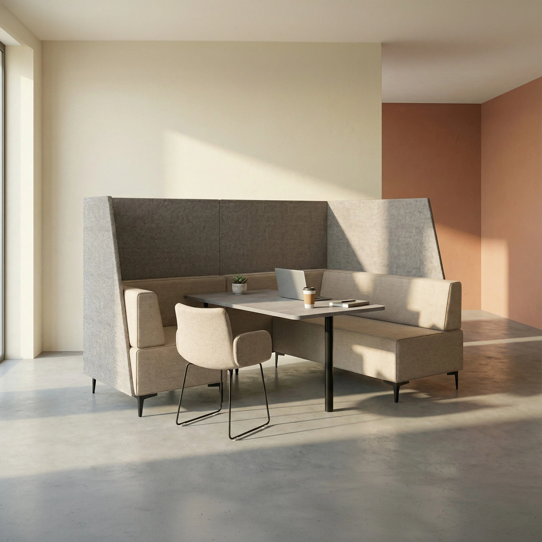 Inclusive design is an important part of creating spaces that work for everyone.
This accessible work booth is an evolution of the Oban Social range, thoughtfully designed to support greater accessibility. By reducing the seat width on one side, the 