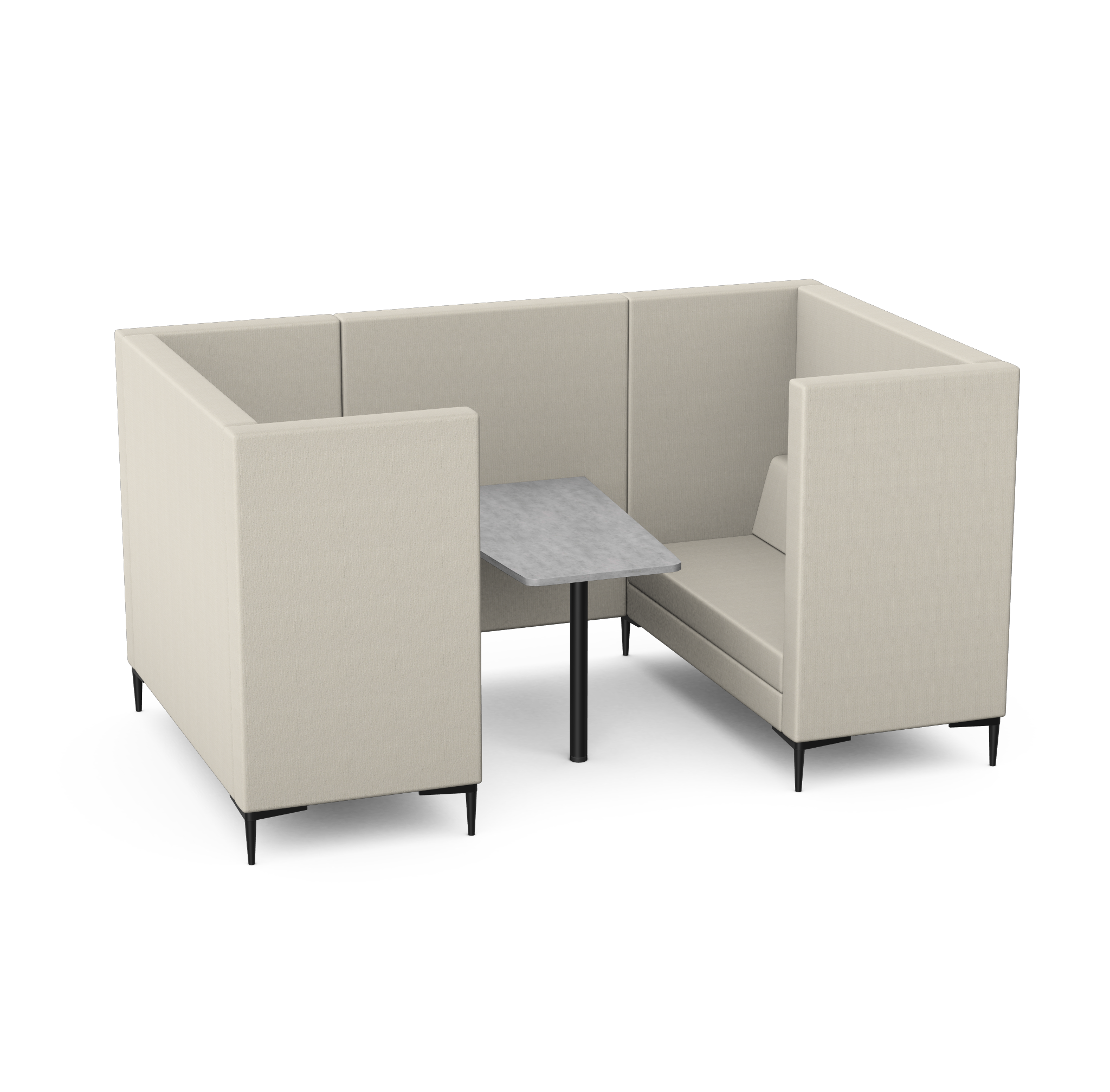 Cream-colored enclosed booth with a small marble top table inside, set on black legs, isolated on a black background.