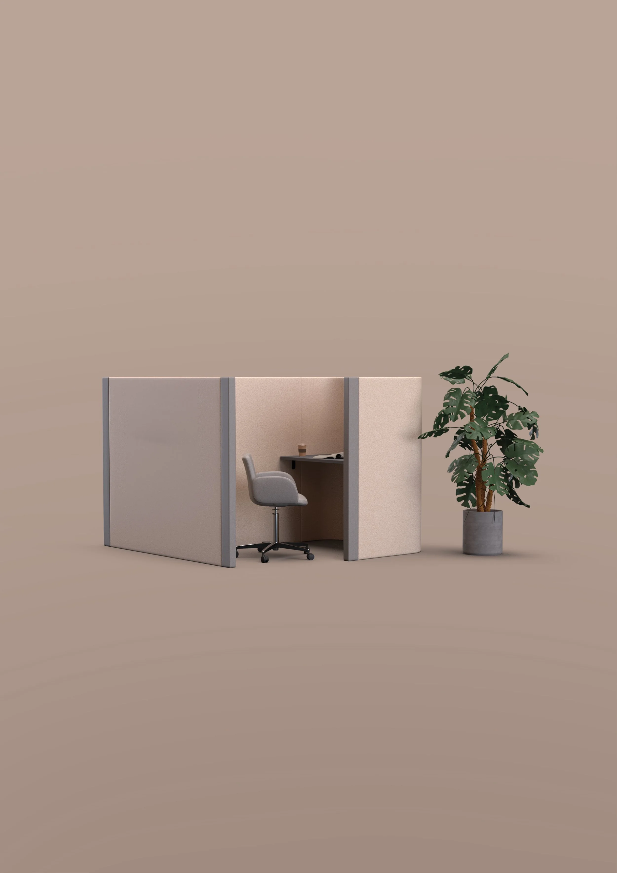 An Studio booth with a desk, a chair, and a coffee cup, next to a potted plant, all set against a beige background.