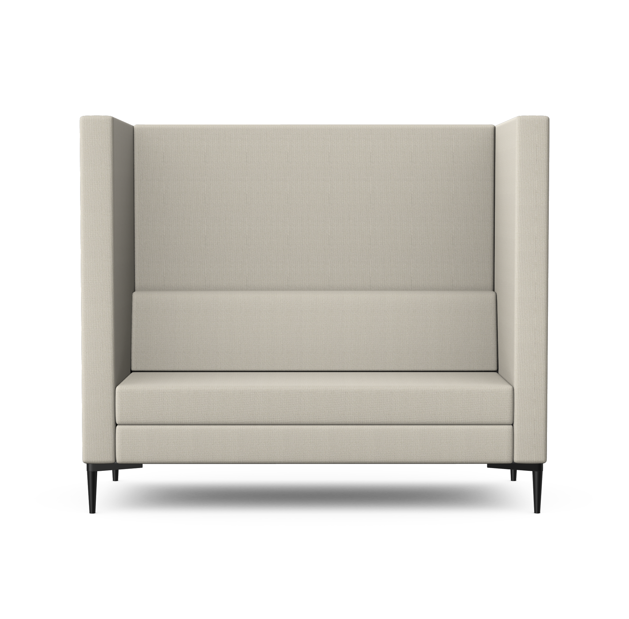 A beige upholstered high-back booth with armrests on either side, set against a black background.