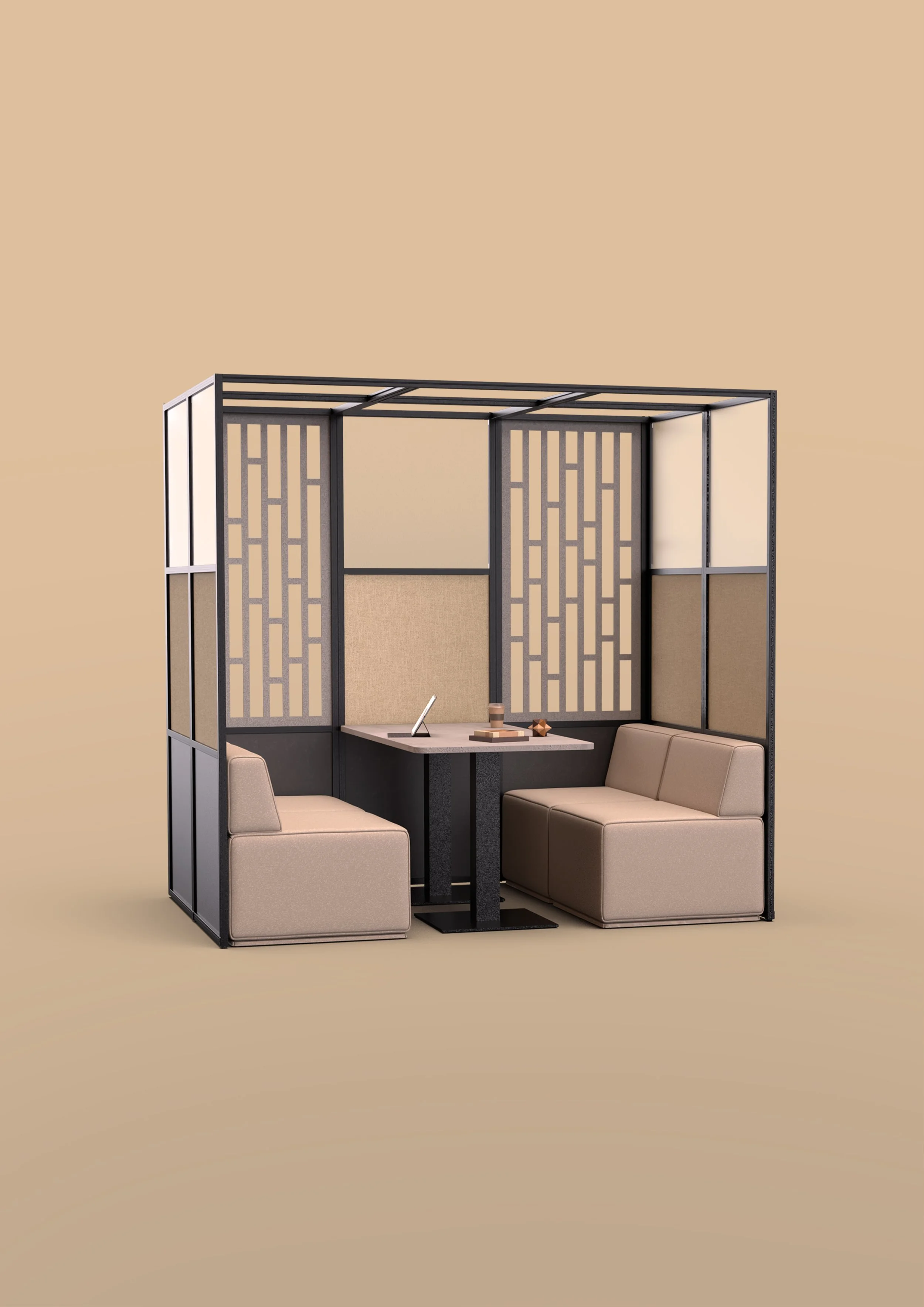 Cortex seating booth with beige cushioned seats, a table with a laptop and small items, enclosed by decorative black metal panels and a beige background.