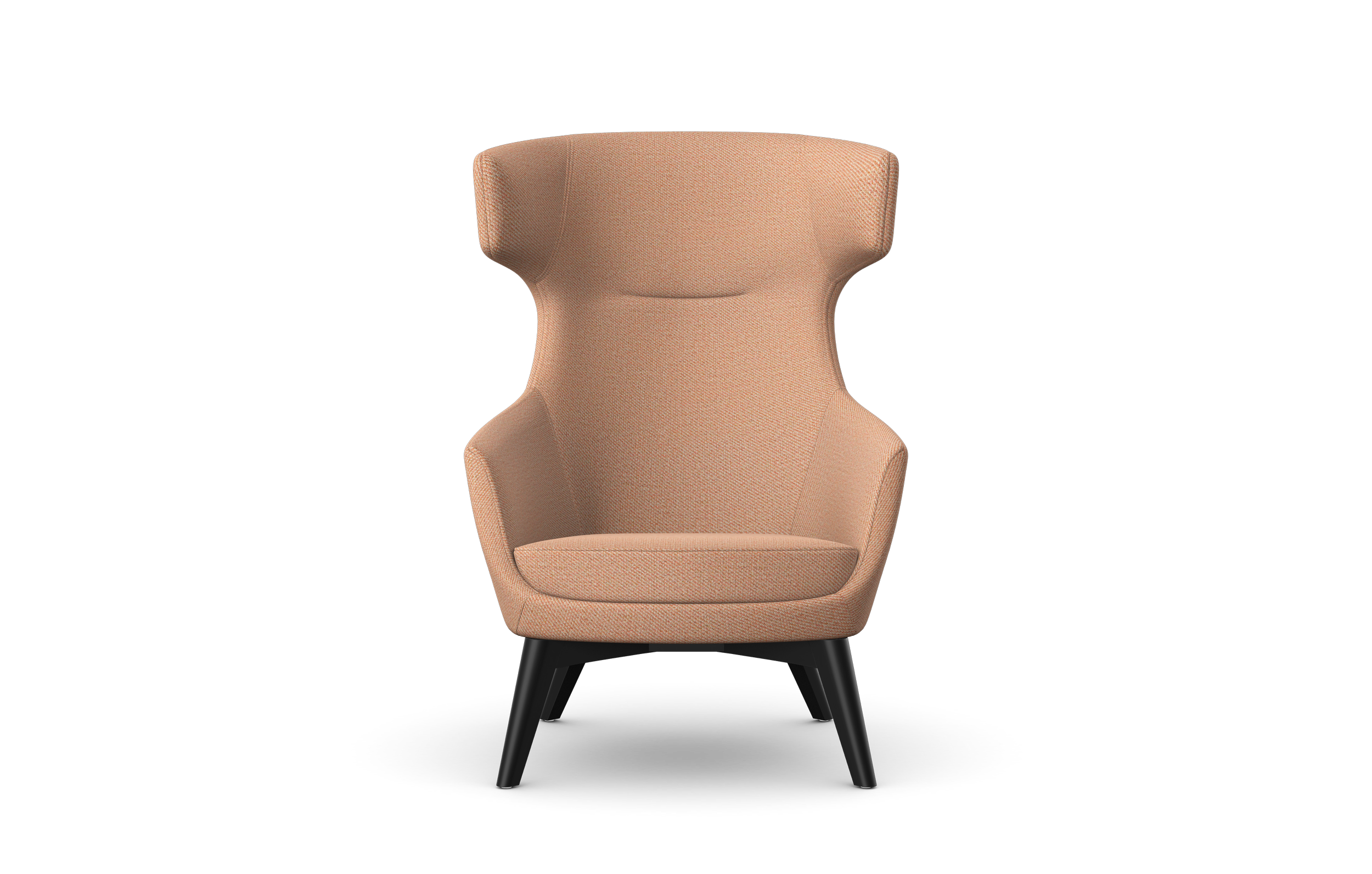 A high-back pink upholstered armchair with black angled legs on a black background.