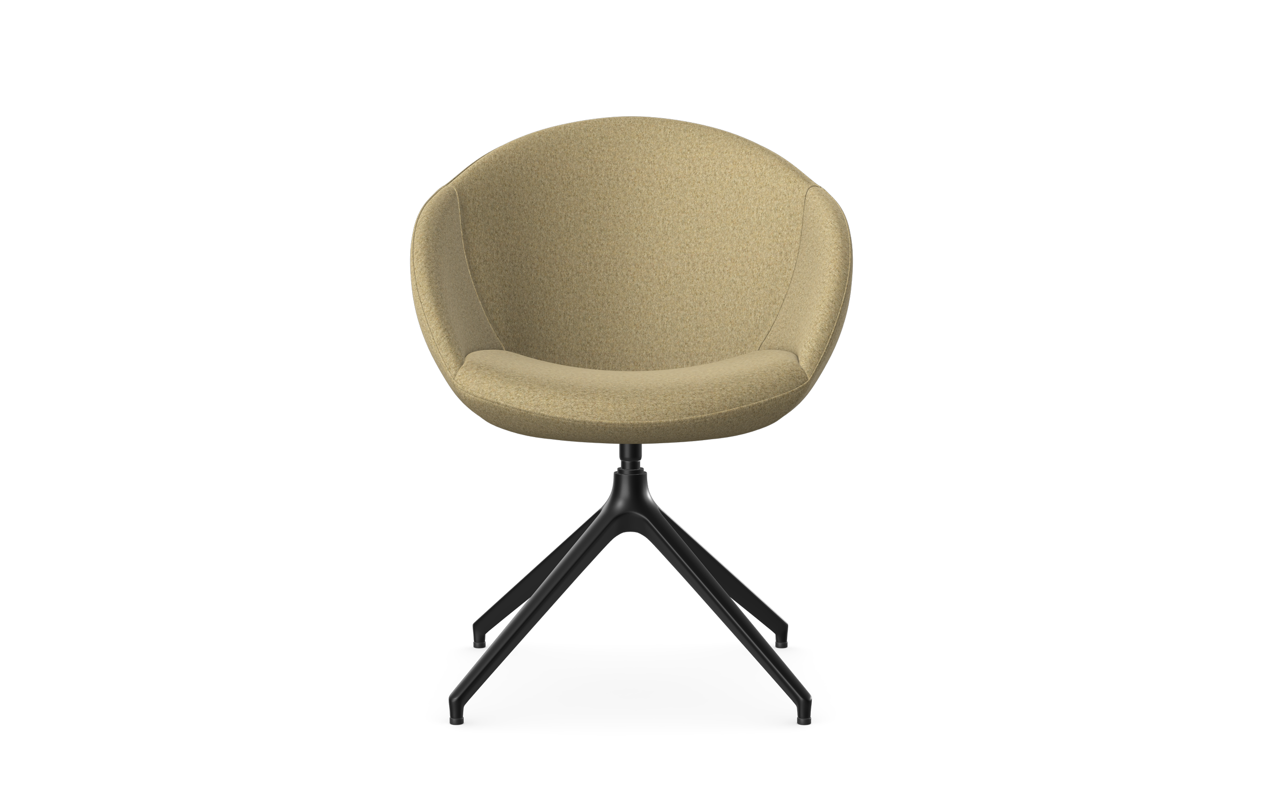 A modern beige upholstered chair with a rounded back and seat, supported by a black three-legged swivel base.