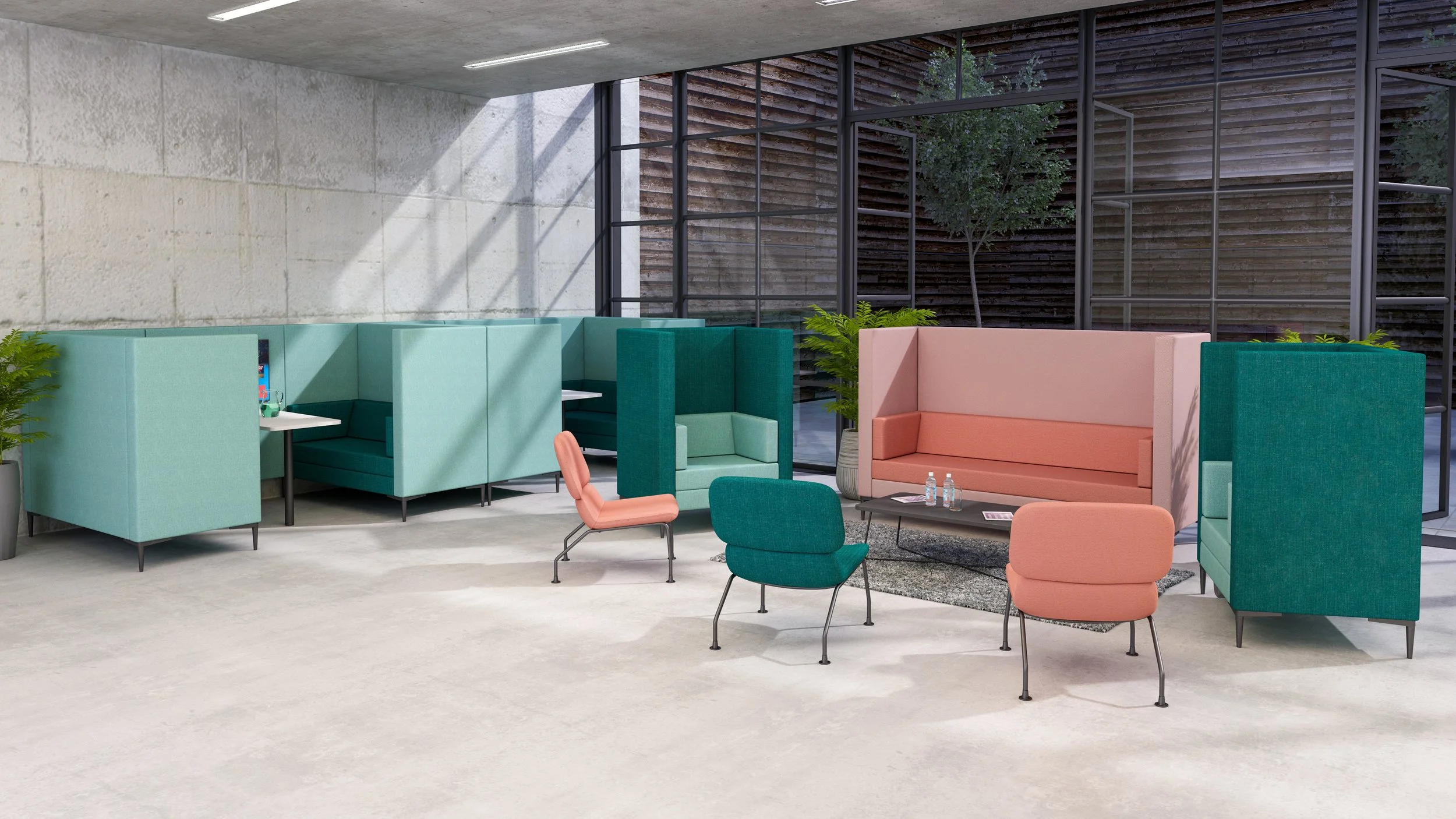 Modern lounge area with colorful upholstered seating, including high-back booths and armchairs, on a light-colored floor with large windows and plants in the background.