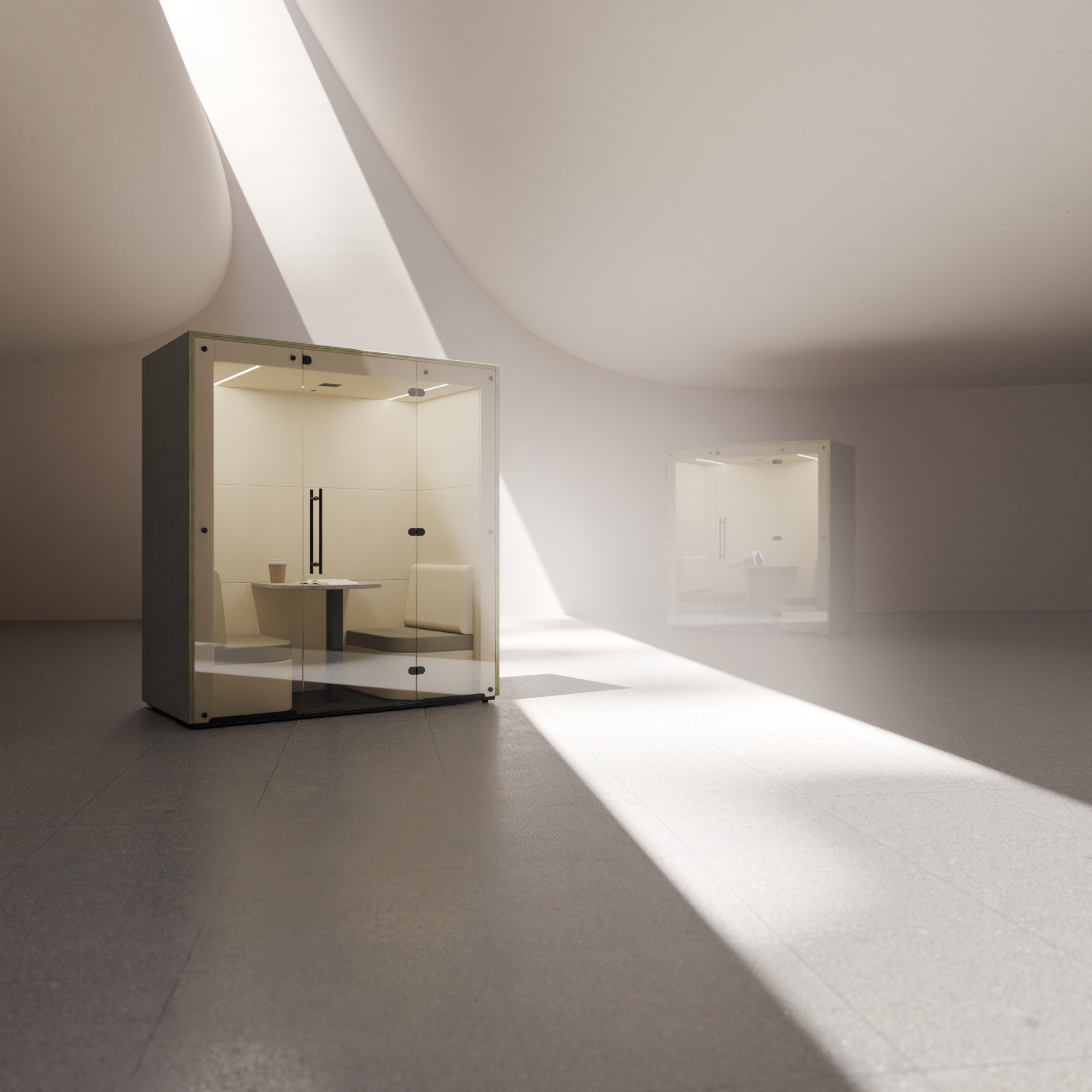 Modern coworking space with individual booths and small tables, featuring pastel-colored seating and privacy pods in a spacious, industrial-style room.