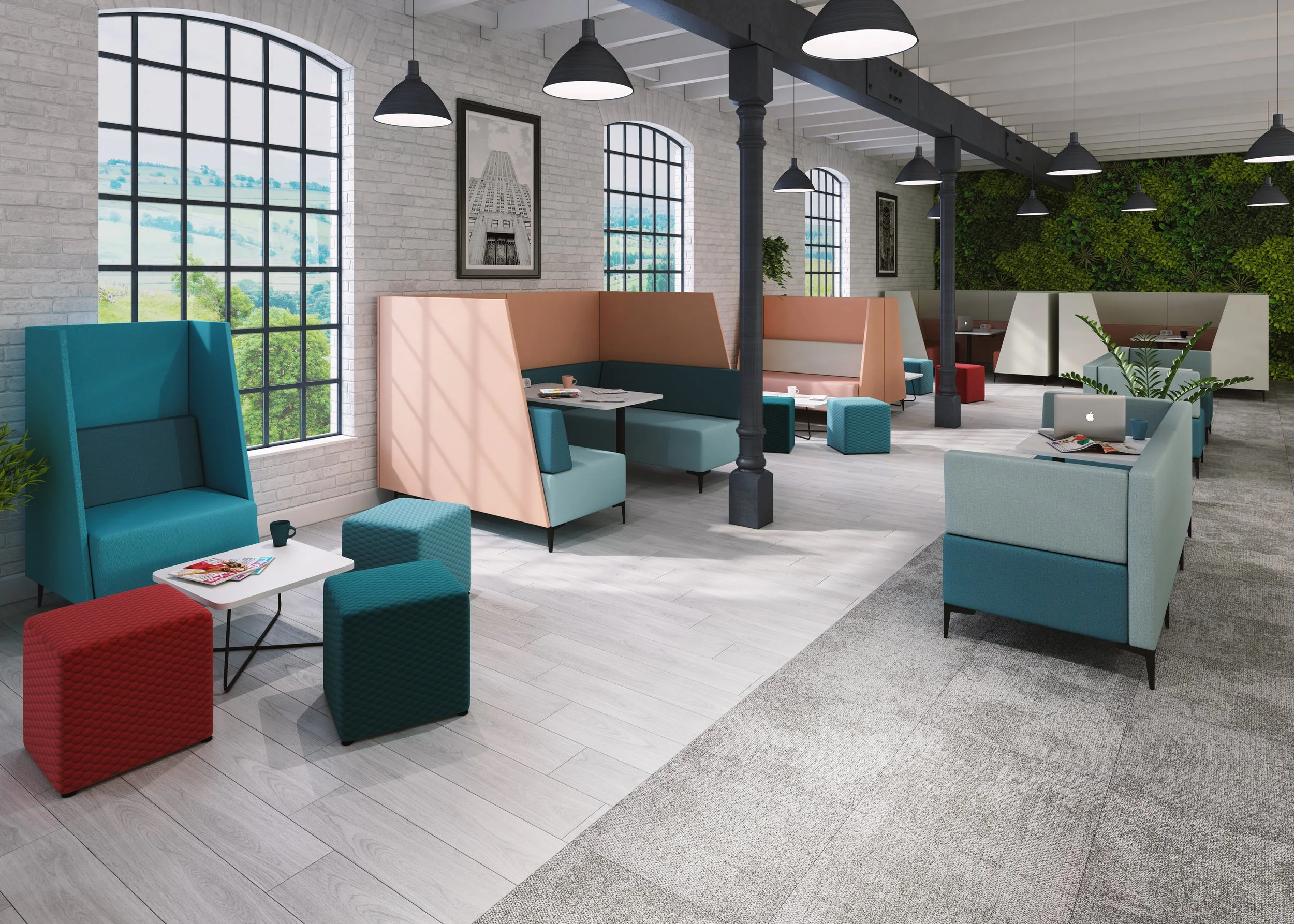 Modern coworking space with colorful armchairs, booths, and green wall decor, large windows, and industrial-style lighting.