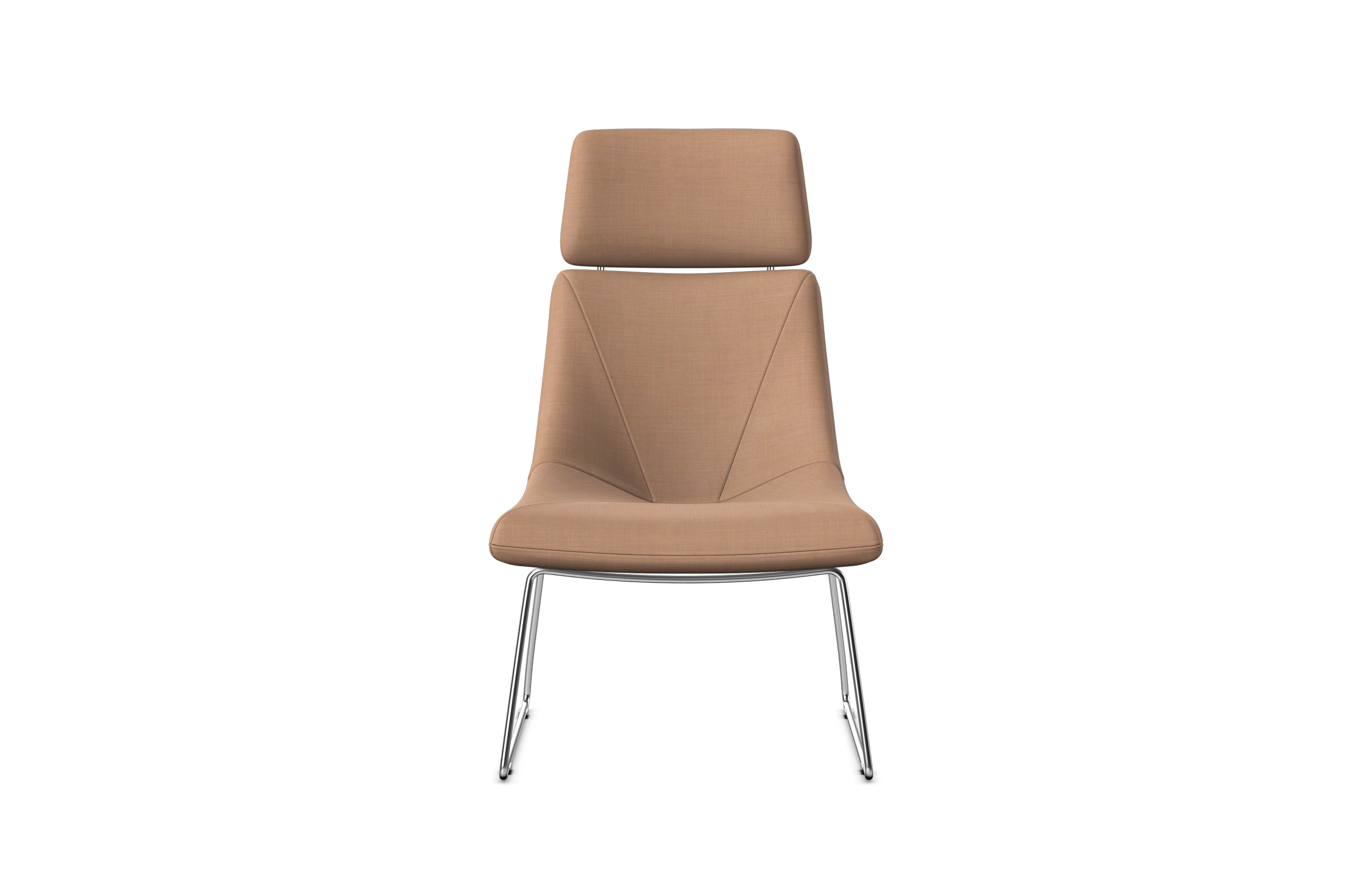 A beige upholstered modern office chair with a high backrest and metal legs on a black background.