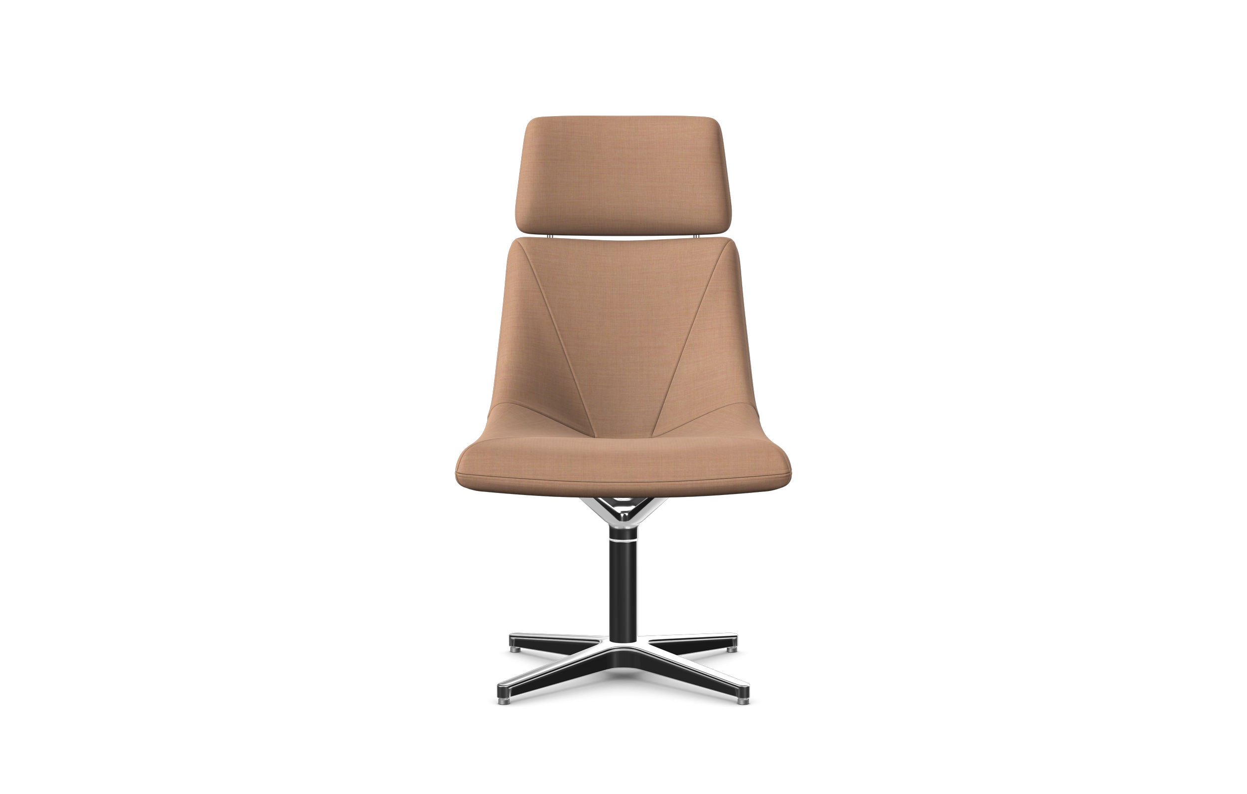 Modern office chair with beige fabric upholstery and a metal base against a black background.