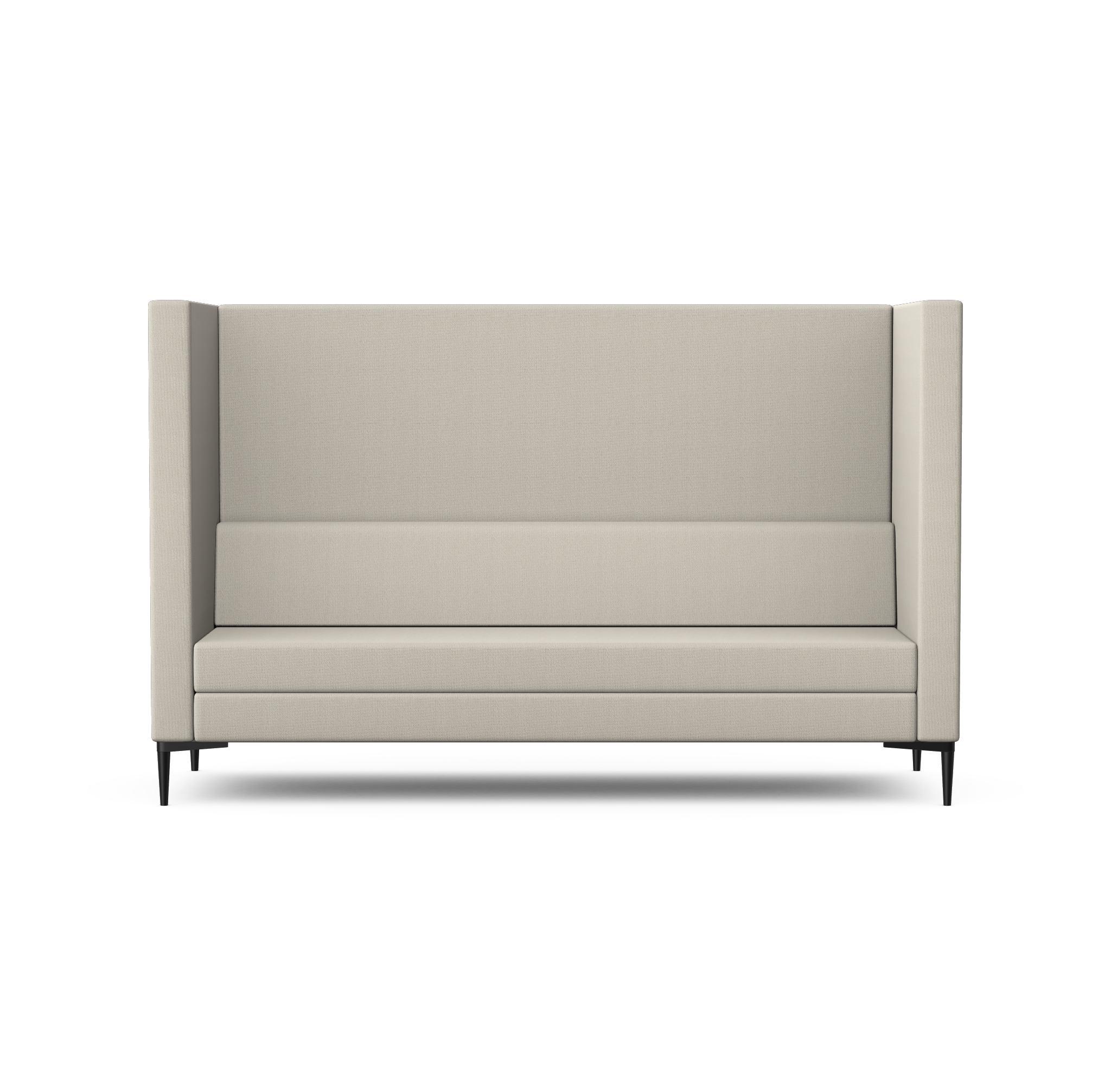 A modern, light-colored upholstered sofa with black legs, set against a black background.