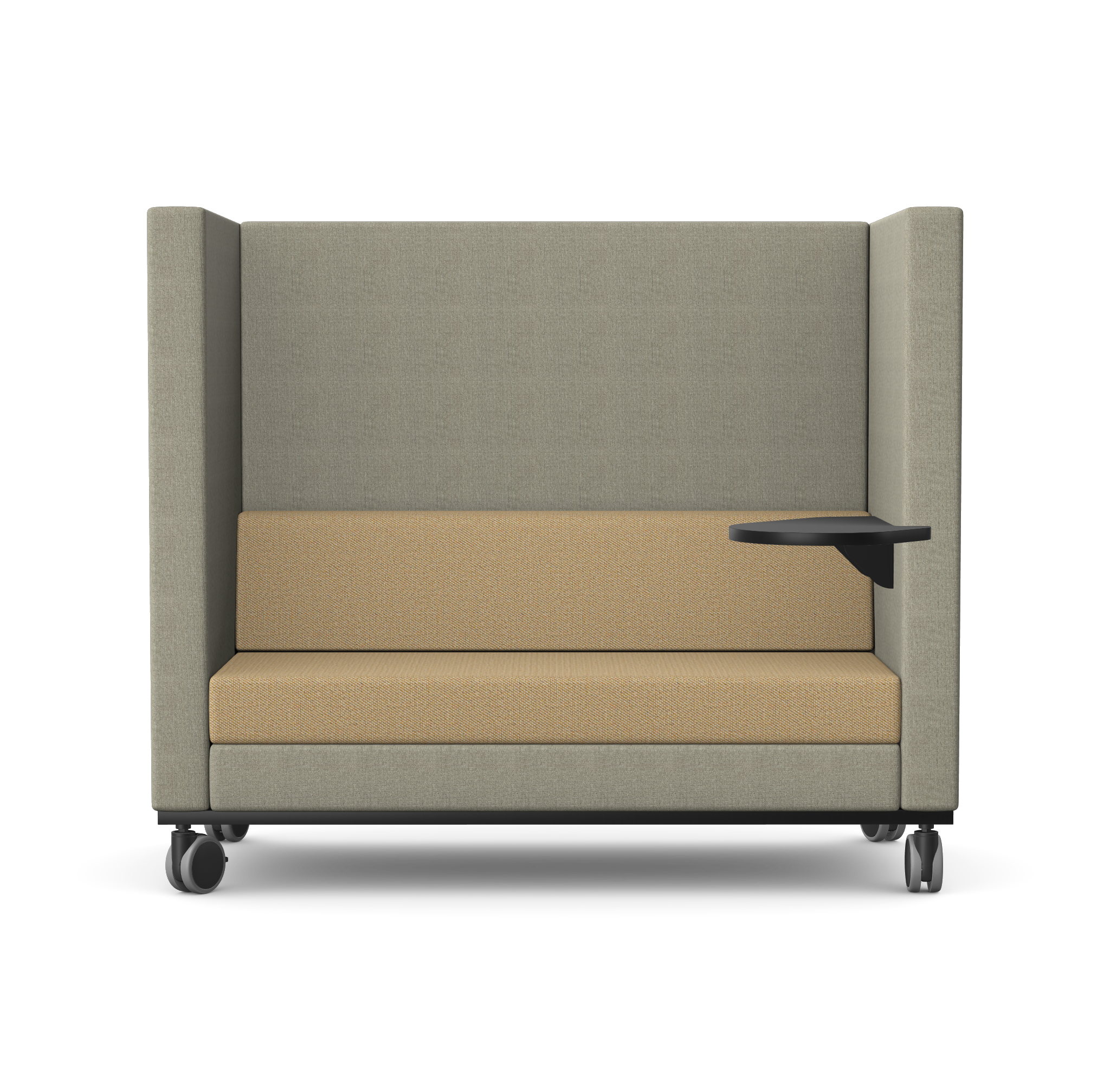 An office booth with grey fabric walls, a beige cushioned seat and backrest, and a black tray attached to one side.