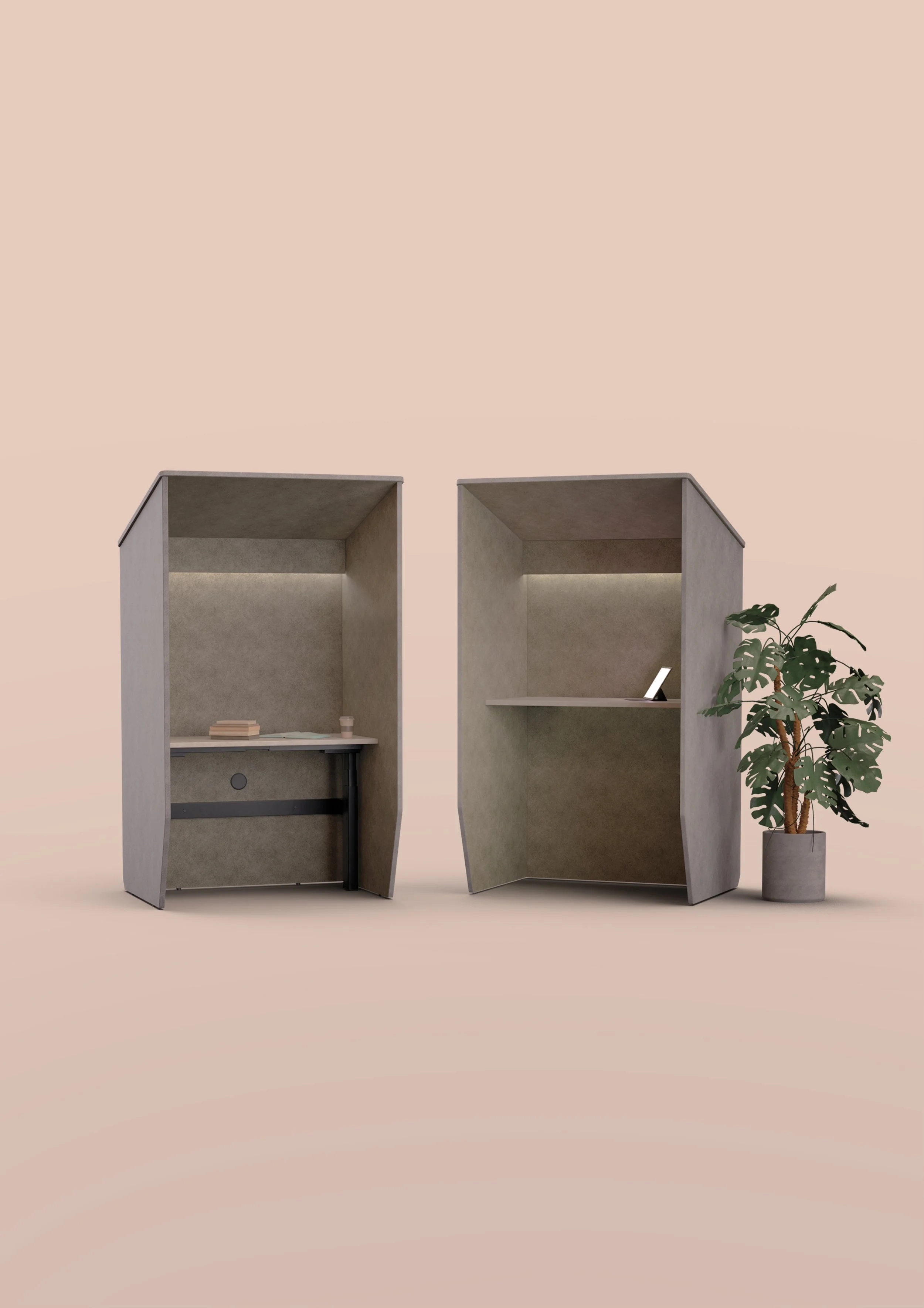 Two gray, LED lit, Cove work pods with a small potted plant nearby, set against a neutral background.