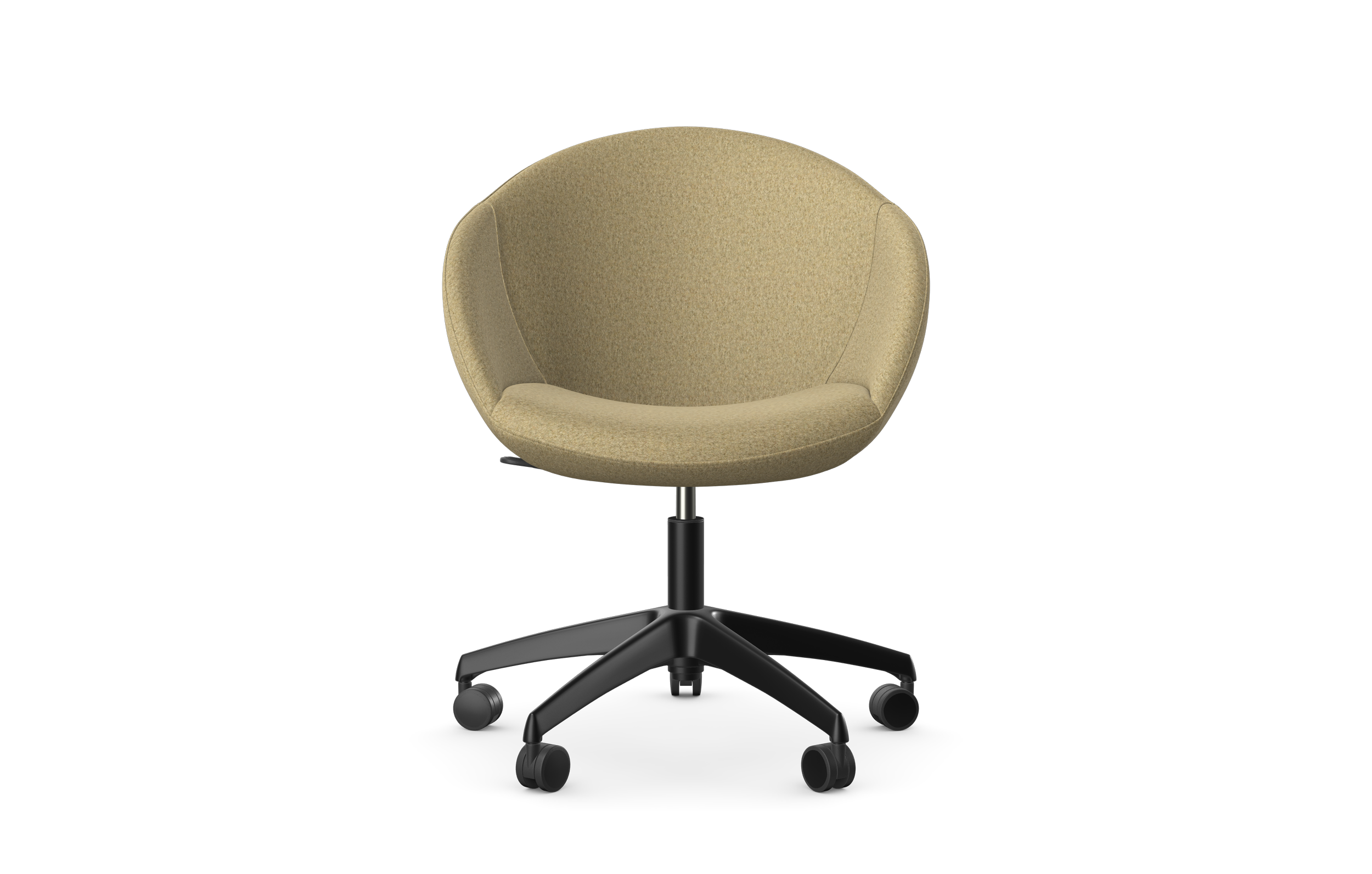 A beige, round swivel office chair with a cushioned seat and backrest, on a five-wheel black base, set against a black background.