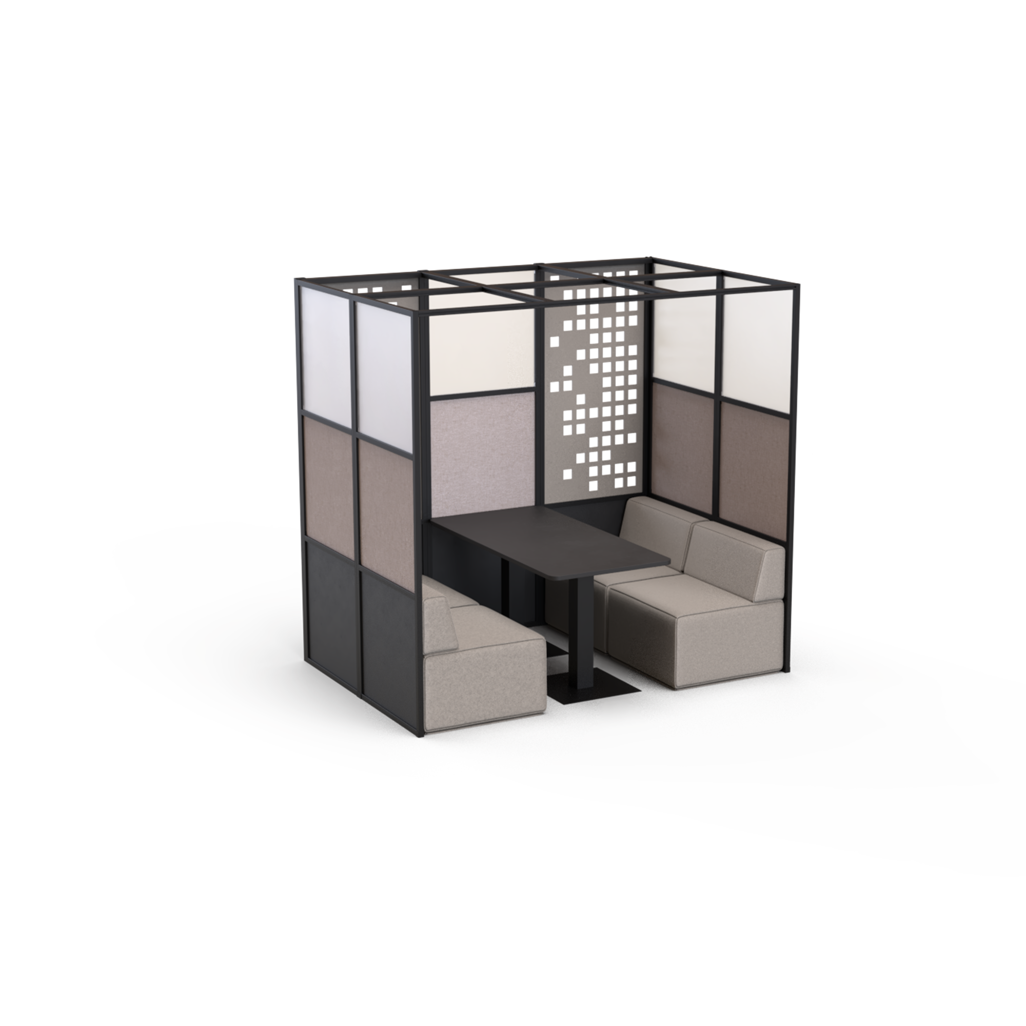 Modern booth with cushioned seating and a table, enclosed by a black metal frame and fabric panels in neutral tones.