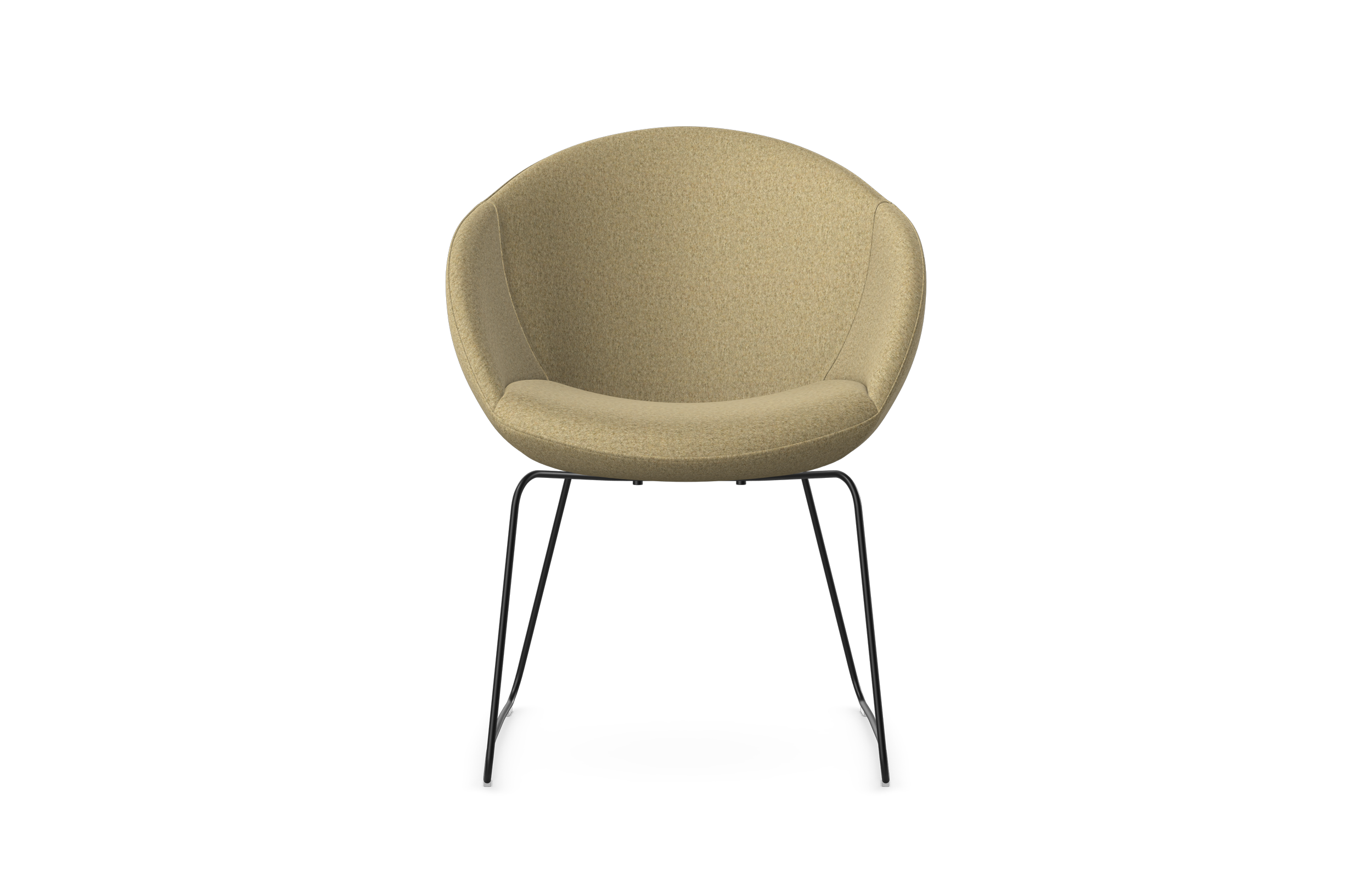 A beige, rounded armchair with four black metal legs against a black background.