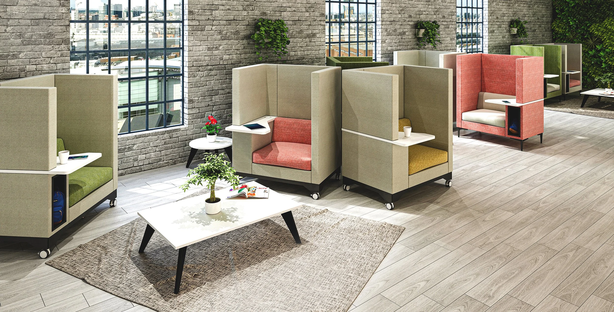 Modern office lounge area with colorful high-backed private seating pods, small side tables, potted plants, a white coffee table on a beige rug, large windows with city skyline views, and exposed brick walls.