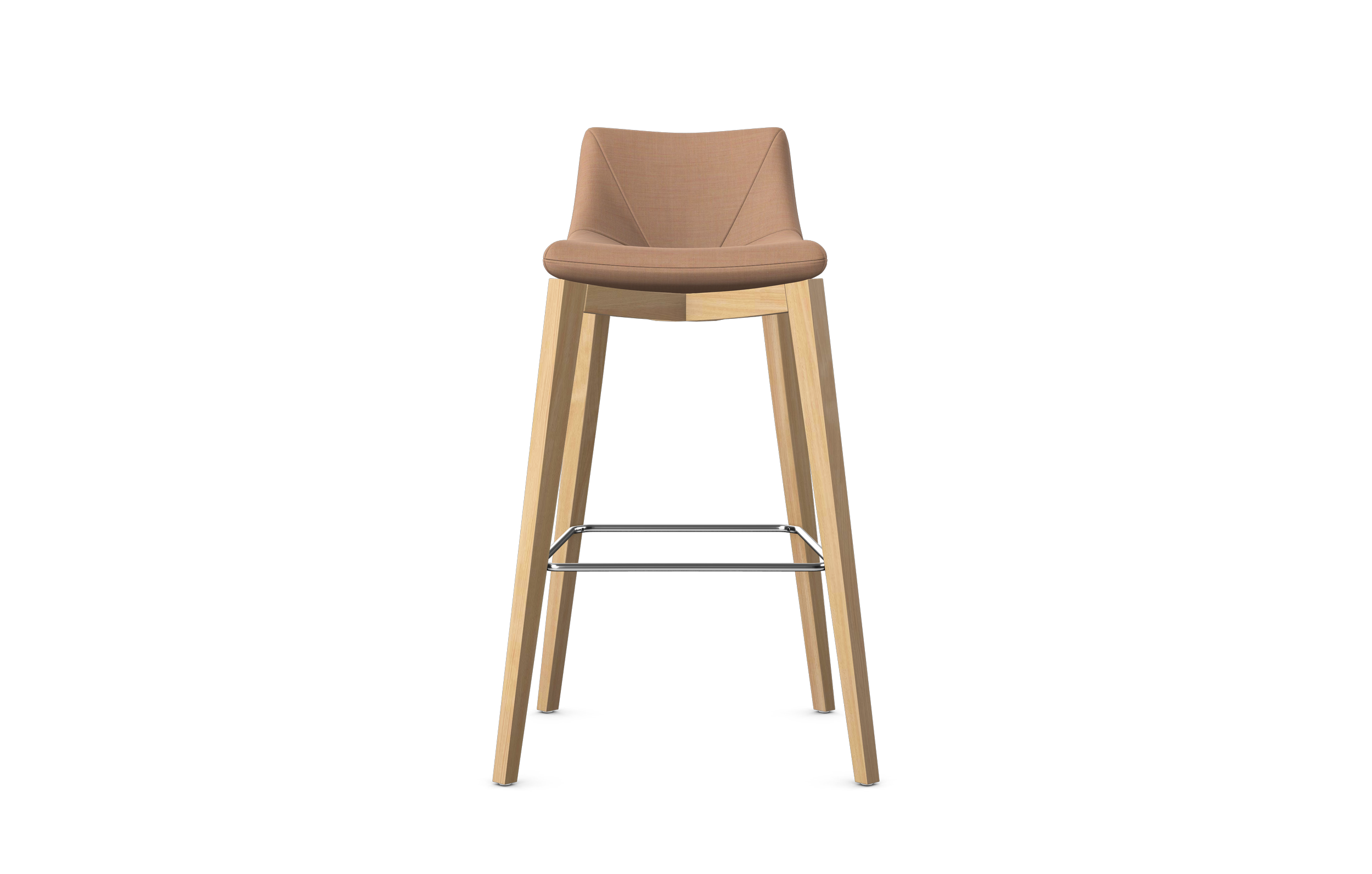 A barstool with a padded beige seat and backrest, wooden legs, and a metal footrest.