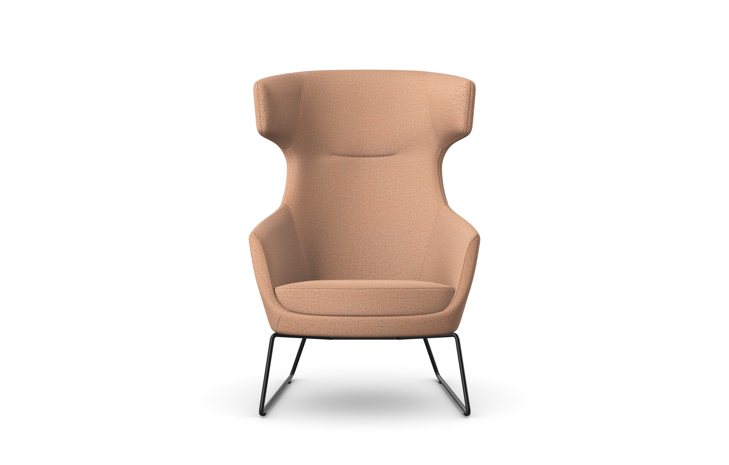 A modern armchair with high backrest, upholstered in beige fabric, supported by black metal legs.