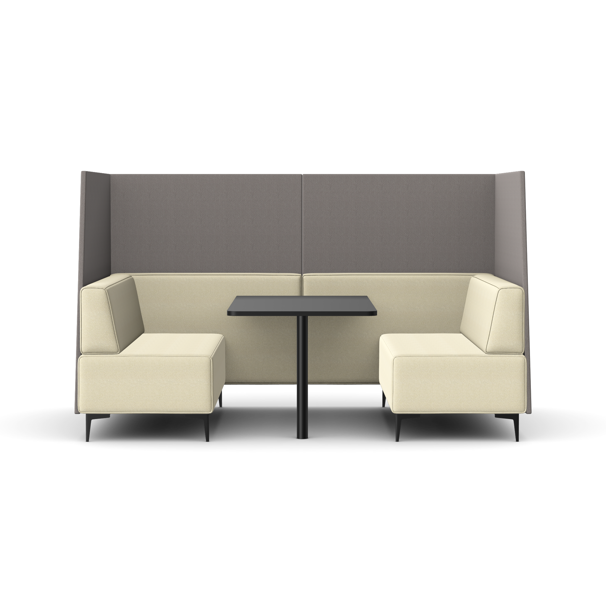 Modern semi-private booth with beige cushioned seating, gray wall panels, and a small black table