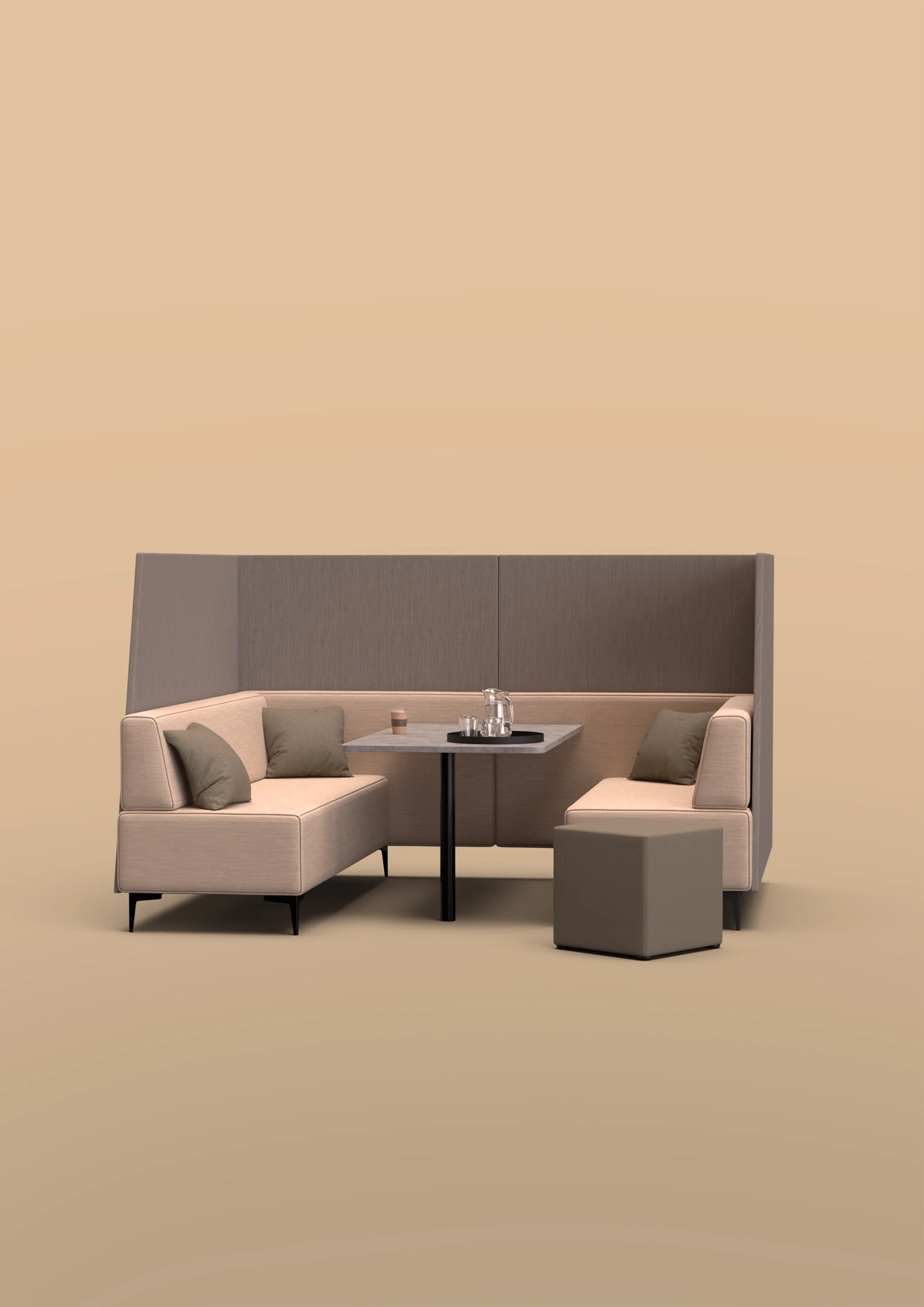 Modern beige and gray Oban Social booth seating with a gray table, pillows, and a pitcher with cups on a beige background.
