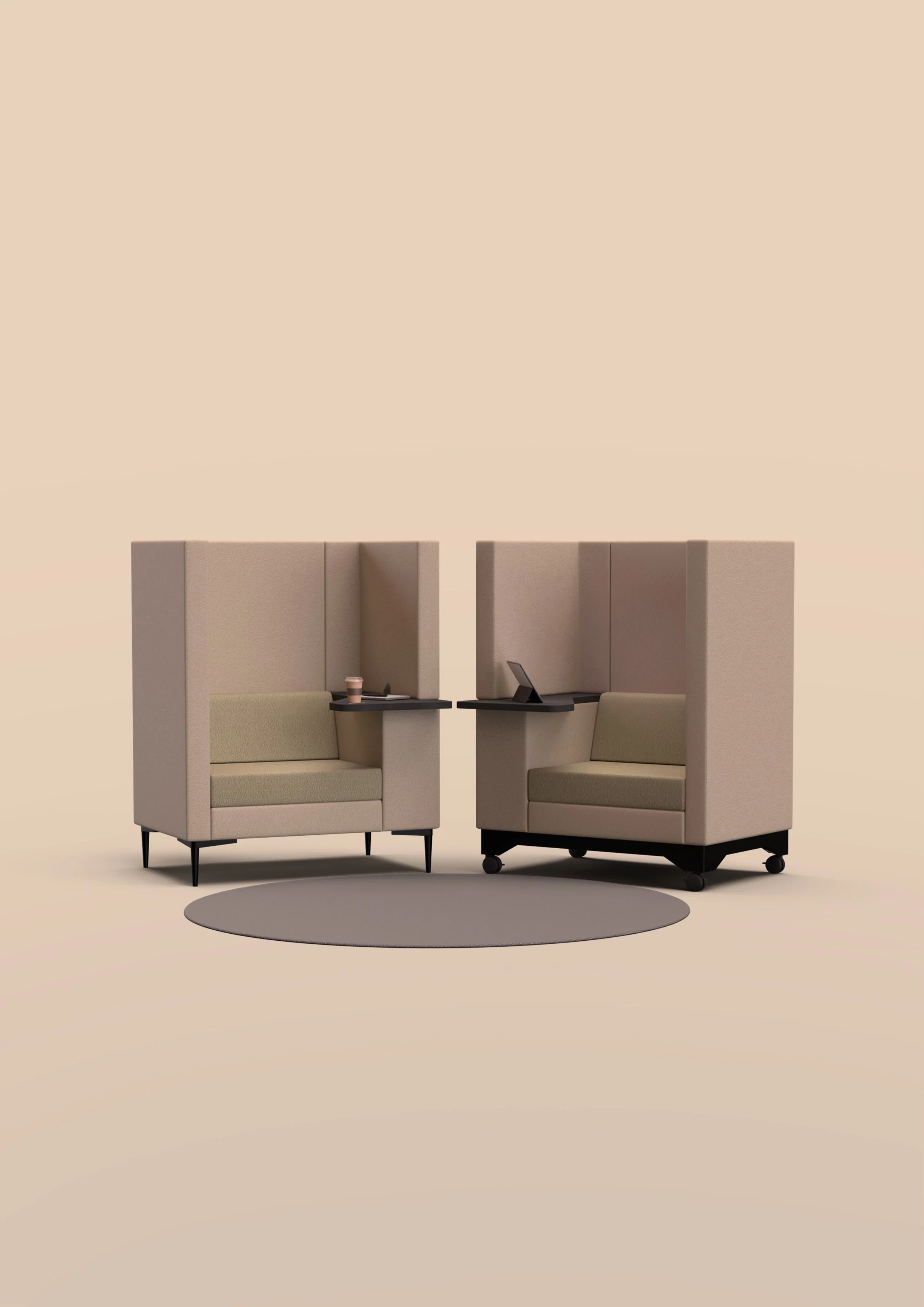 Two beige Element Work booths seats with small black tables, one with a laptop and the other with a coffee cup, on a neutral background with a gray circular rug.