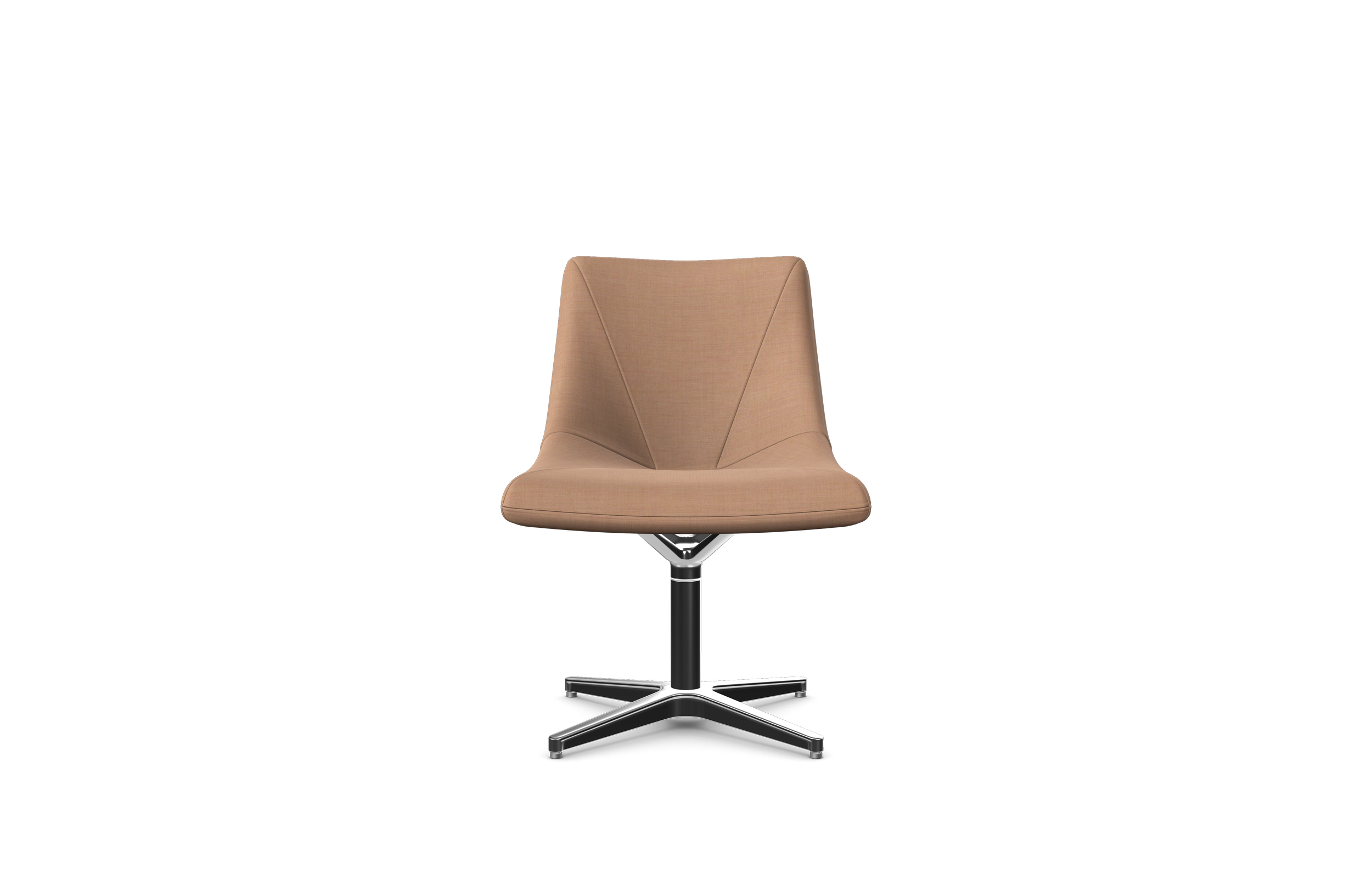 A modern beige swivel chair with a fabric seat and backrest, supported by a metal base with four legs.