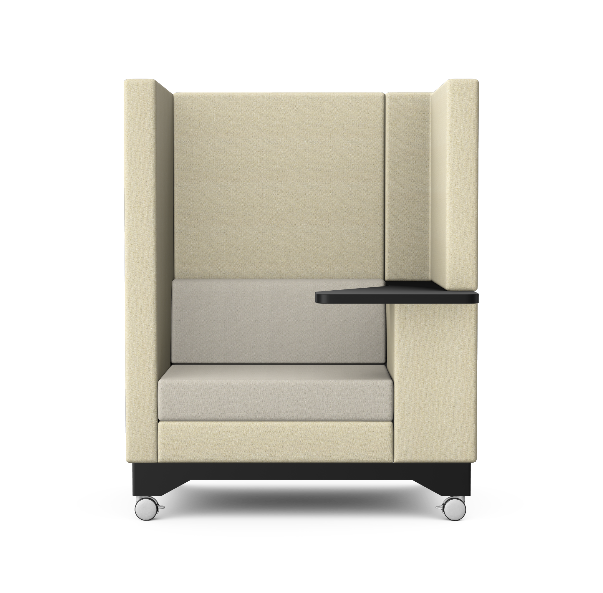 Modern beige and gray high-back upholstered lounge chair with black side table attached and small casters at the base.
