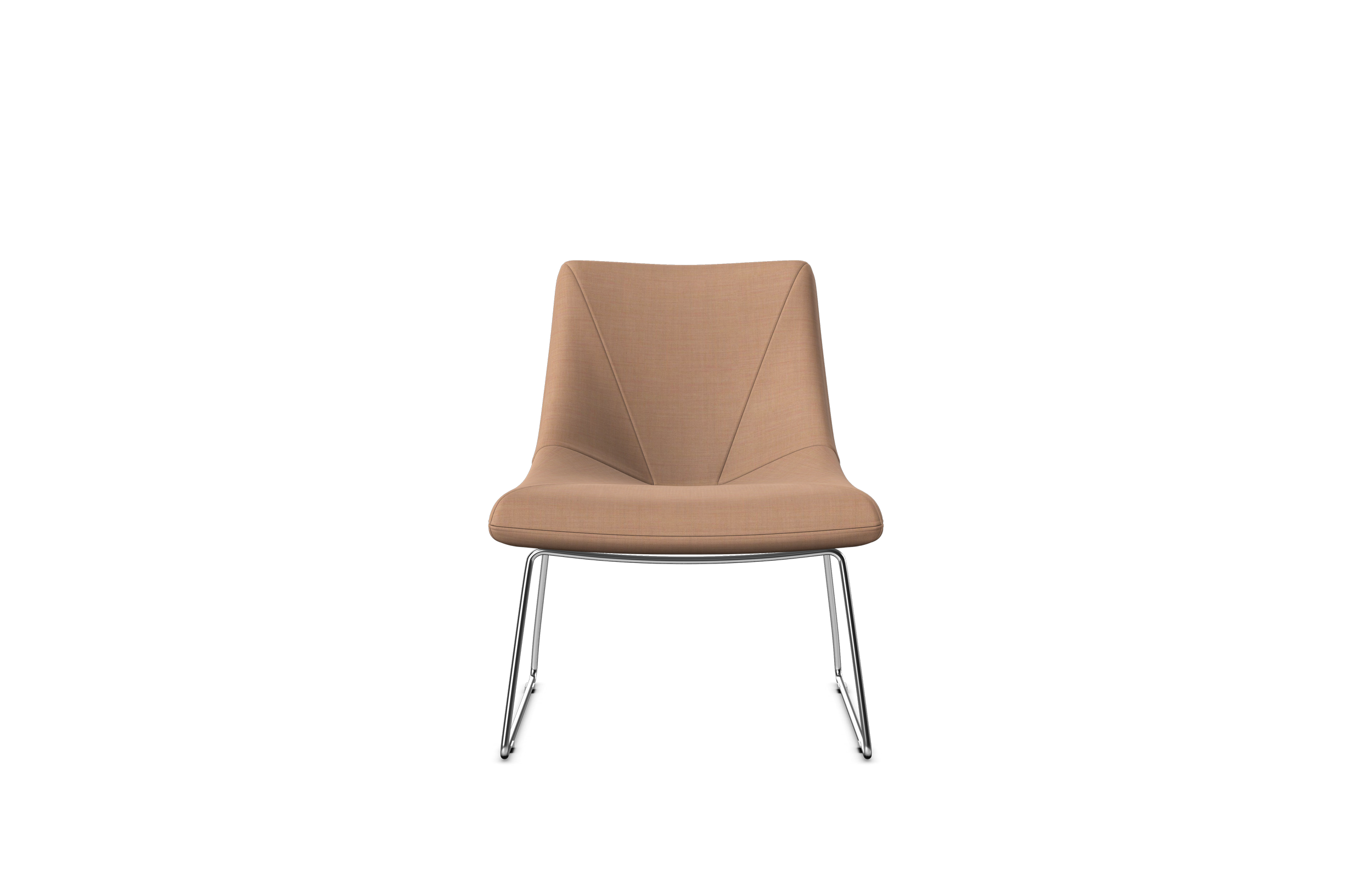 A modern beige upholstered chair with a curved backrest and black metal legs