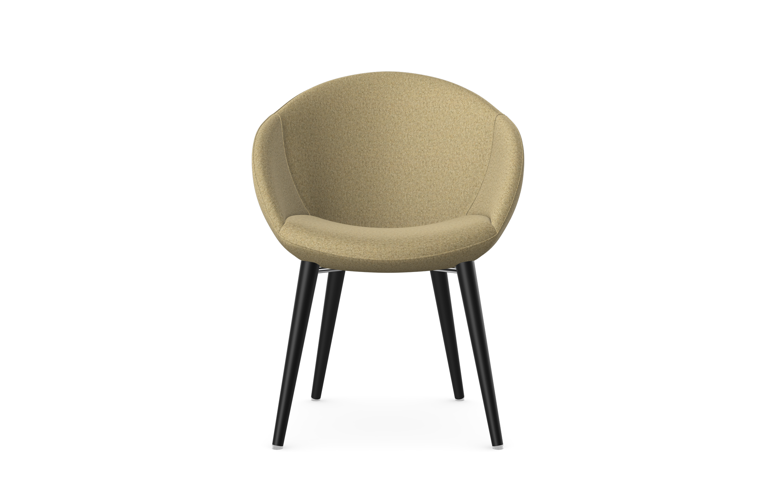 A beige upholstered chair with black four-legged wooden legs against a black background.