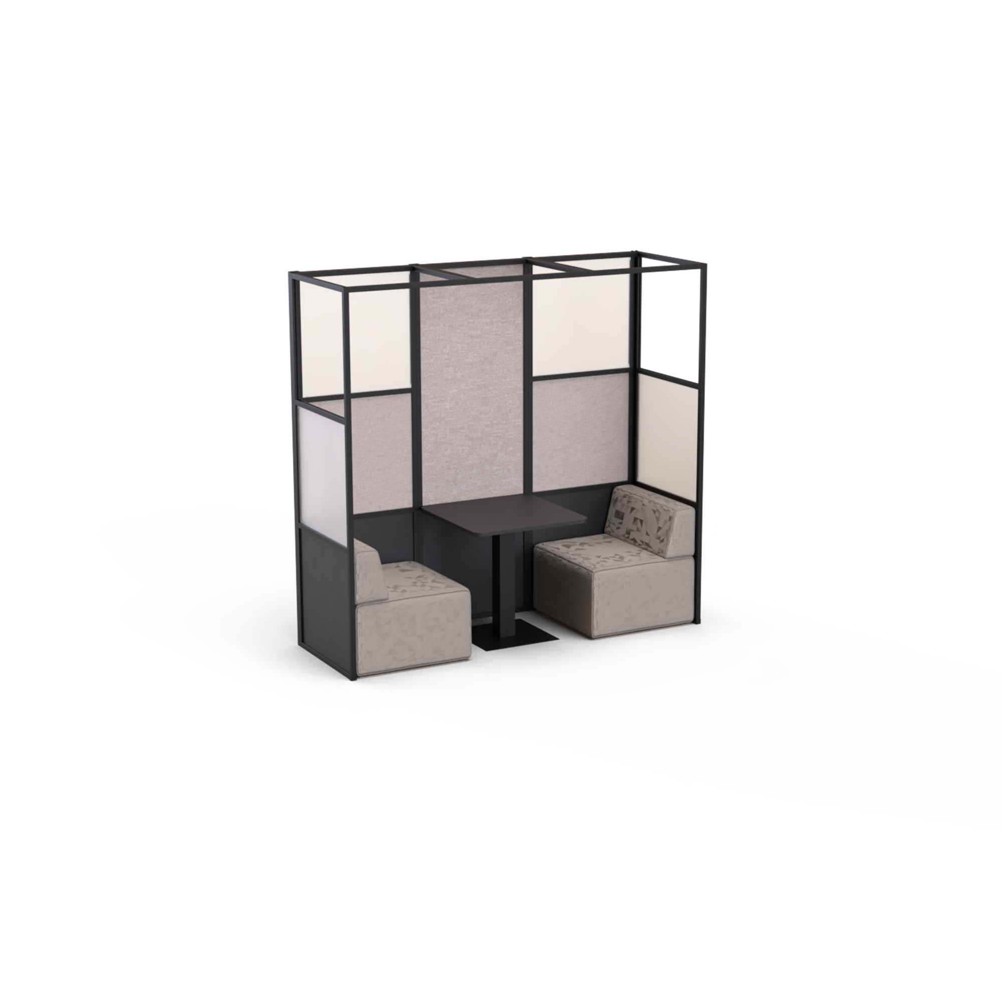 Modern semi-private seating booth with a small table, beige cushioned seats, and a decorative partition with fabric panels.