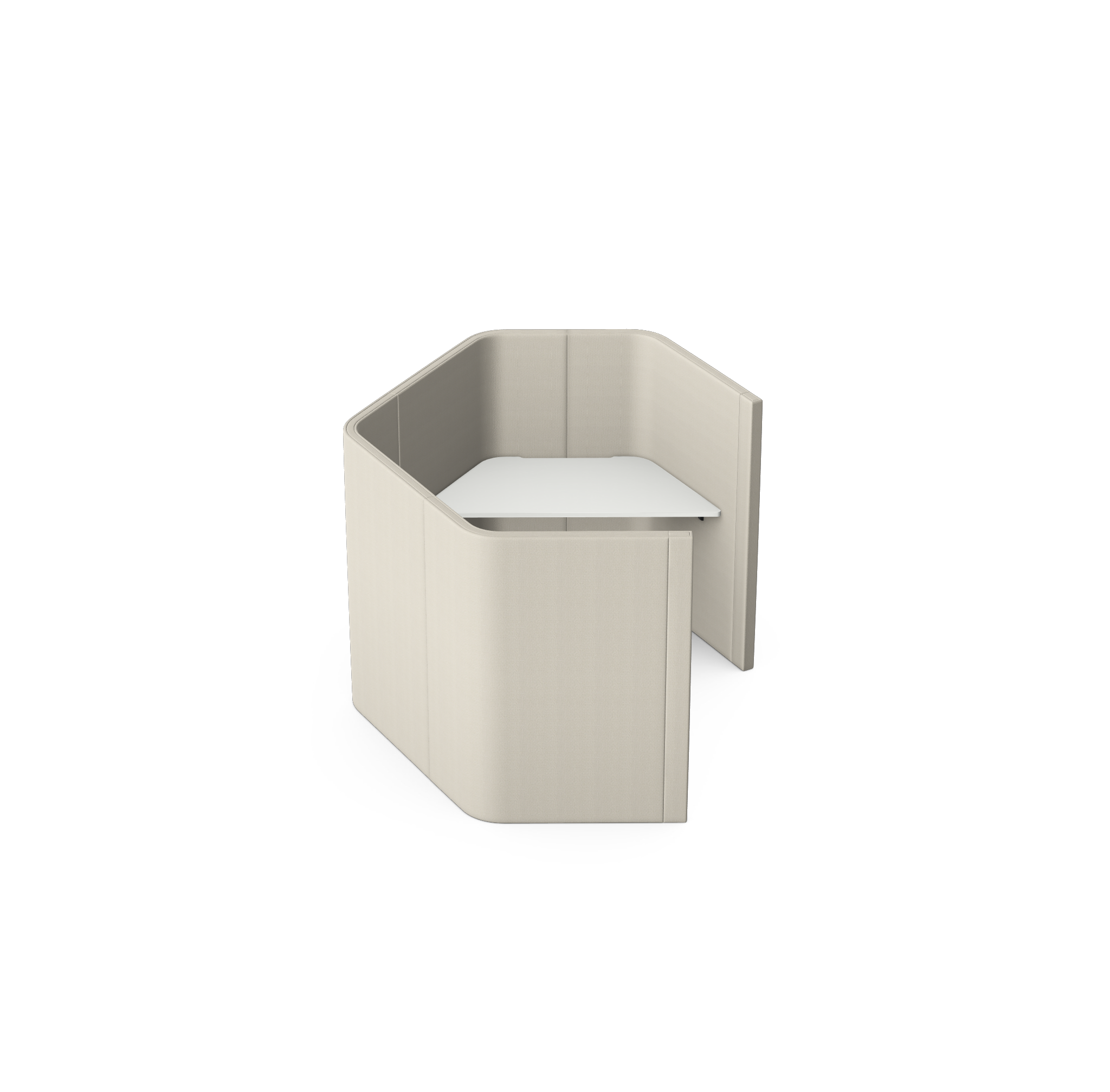 A modern, semi-private office booth with beige fabric walls and a white tabletop.