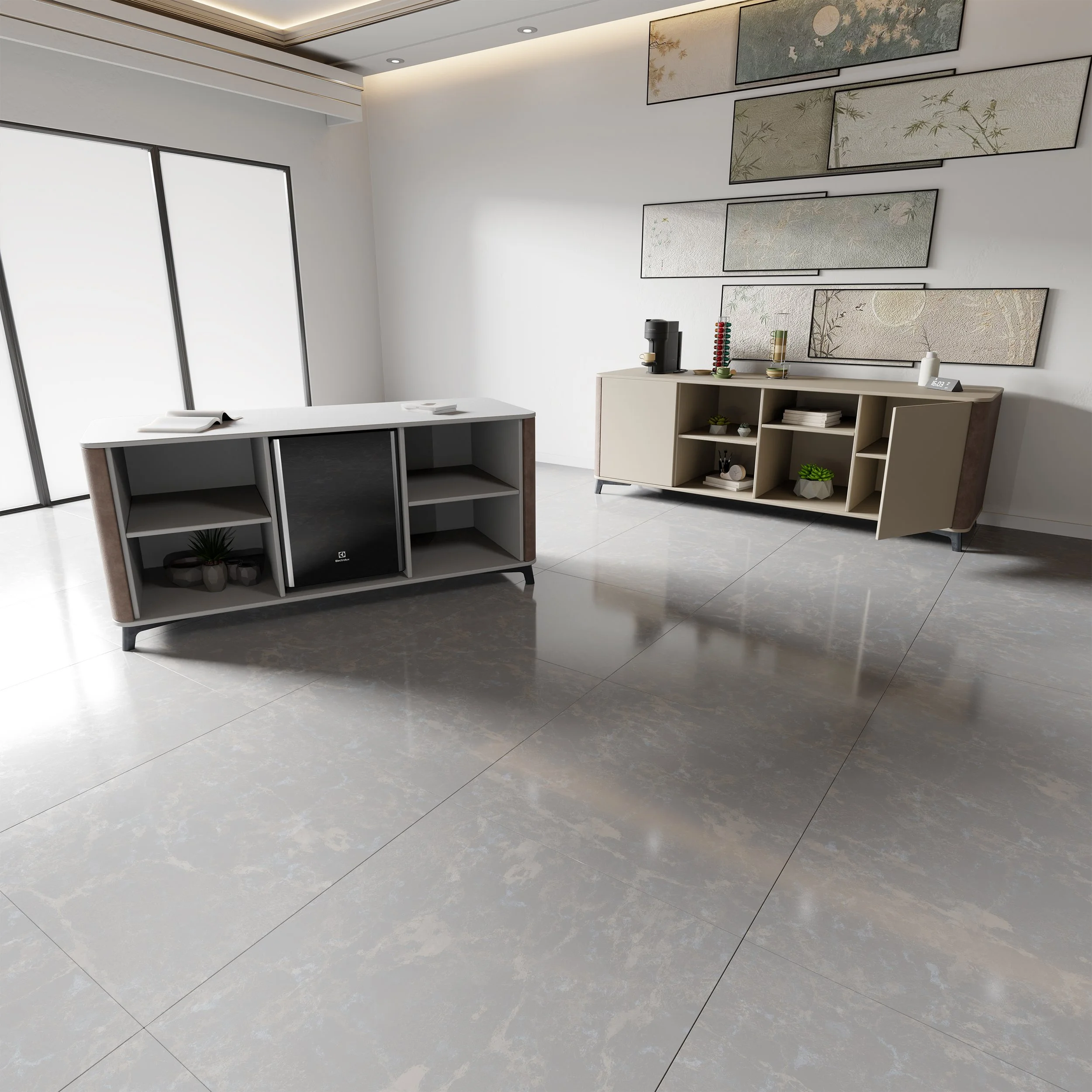Minimalist room with two beige armchairs on a gray rug, a small black round table with books, a large potted plant, and a small bookshelf in the corner.