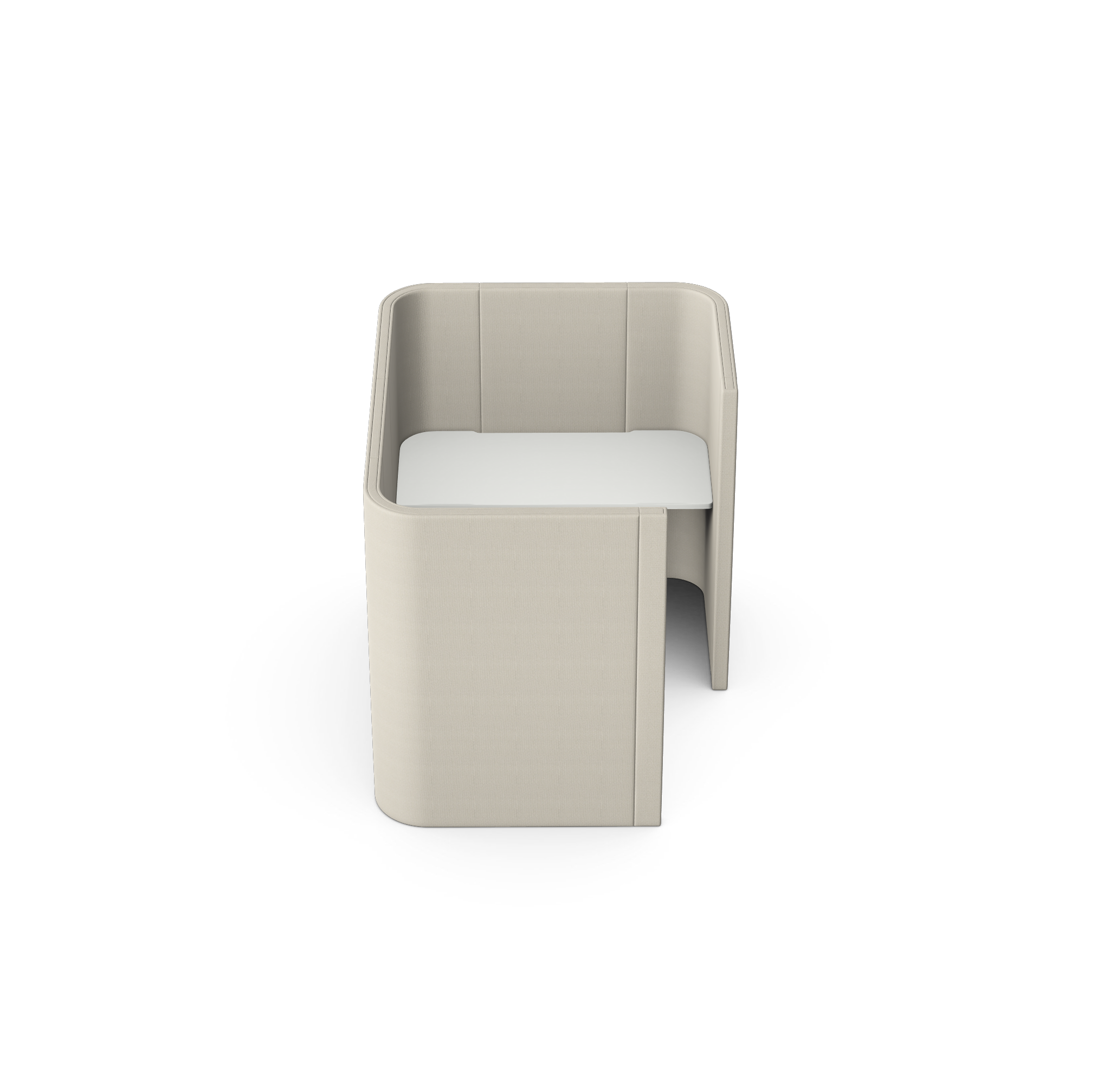 Modern beige booth with white tabletop, designed for seating or private work in a contemporary setting.