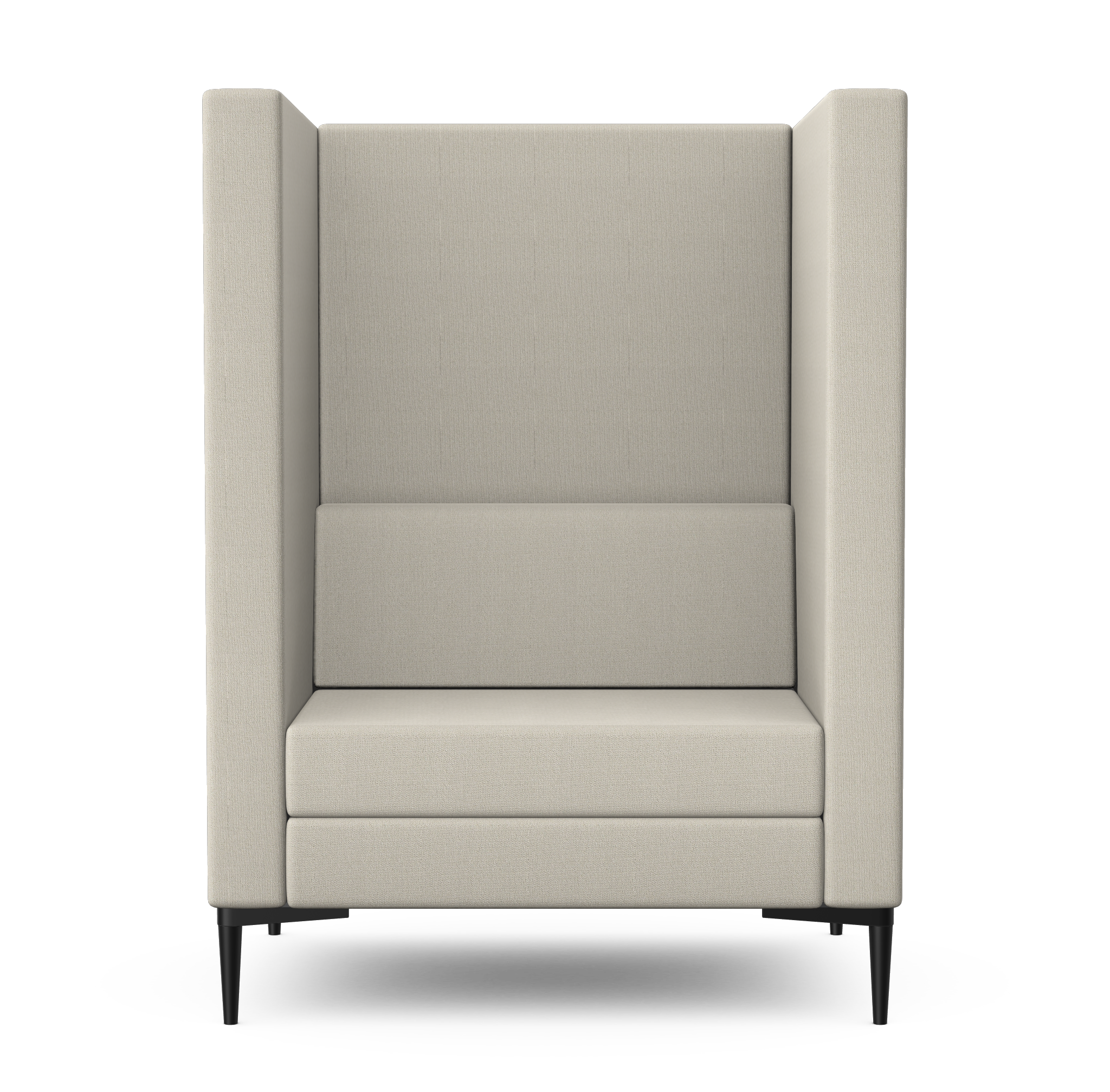 A modern, high-back beige armchair with black legs, viewed from the front.