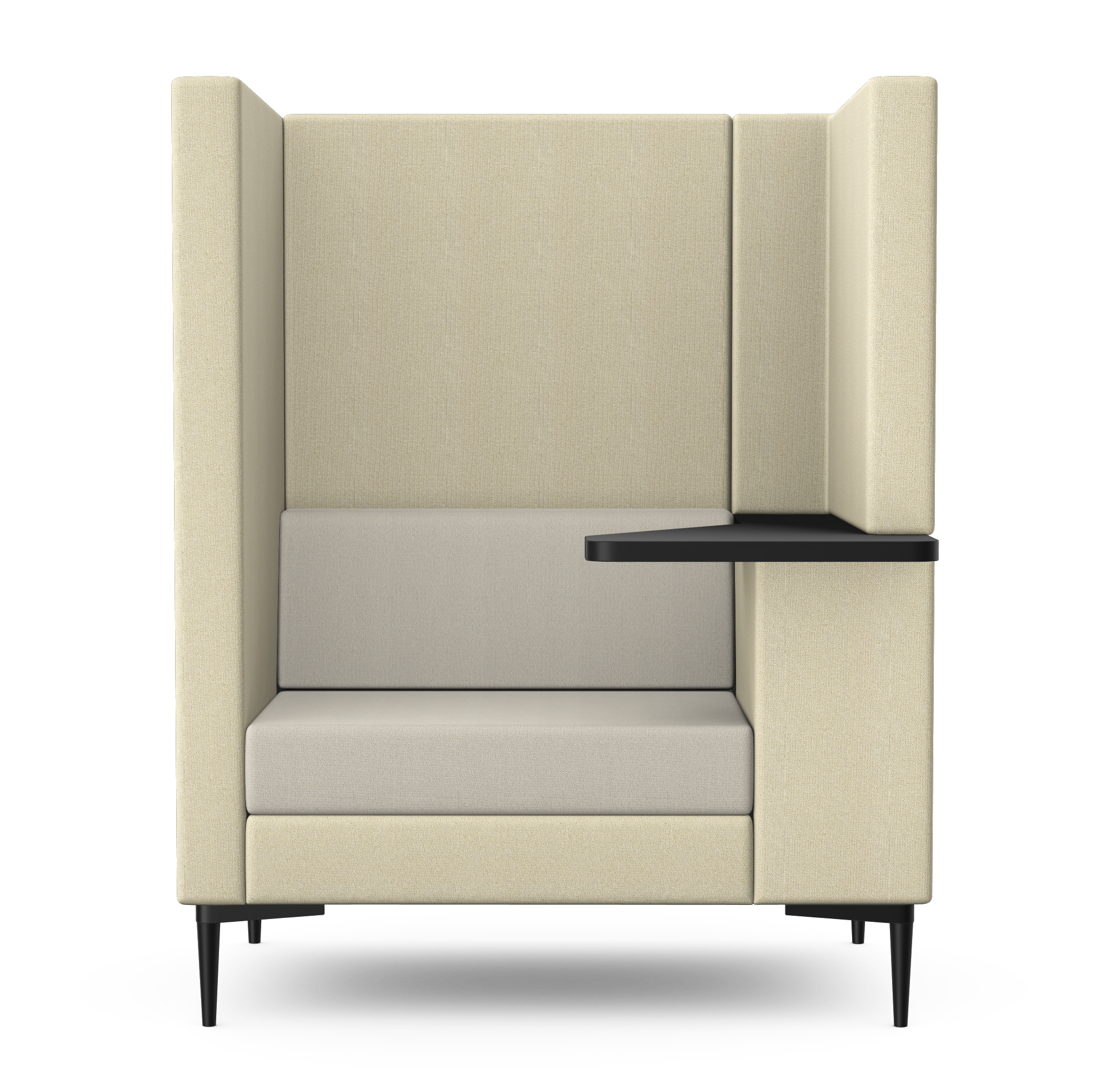 Modern modular booth with beige cushioned seating and black side table