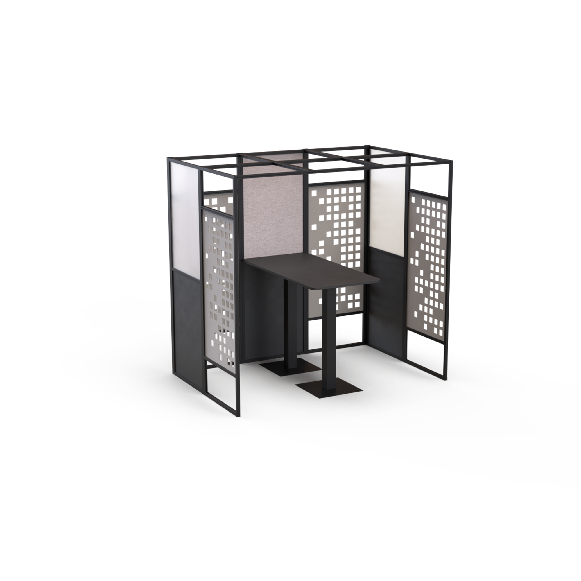 A modern privacy cubicle with perforated metal panels, a small table, and a grey fabric panel, designed for private conversations or work.