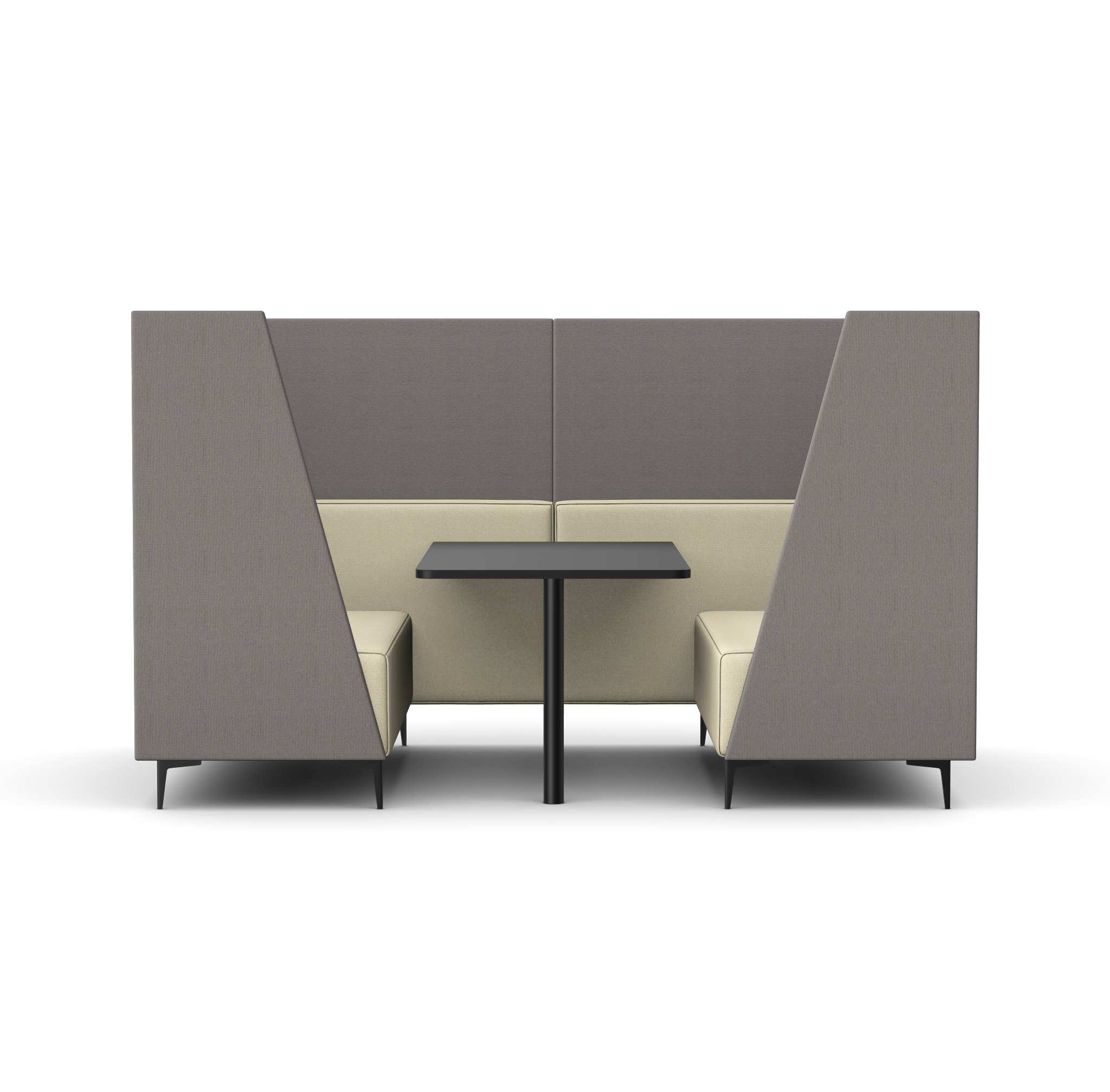 Modern booth seating with gray and beige upholstery surrounding a black table.