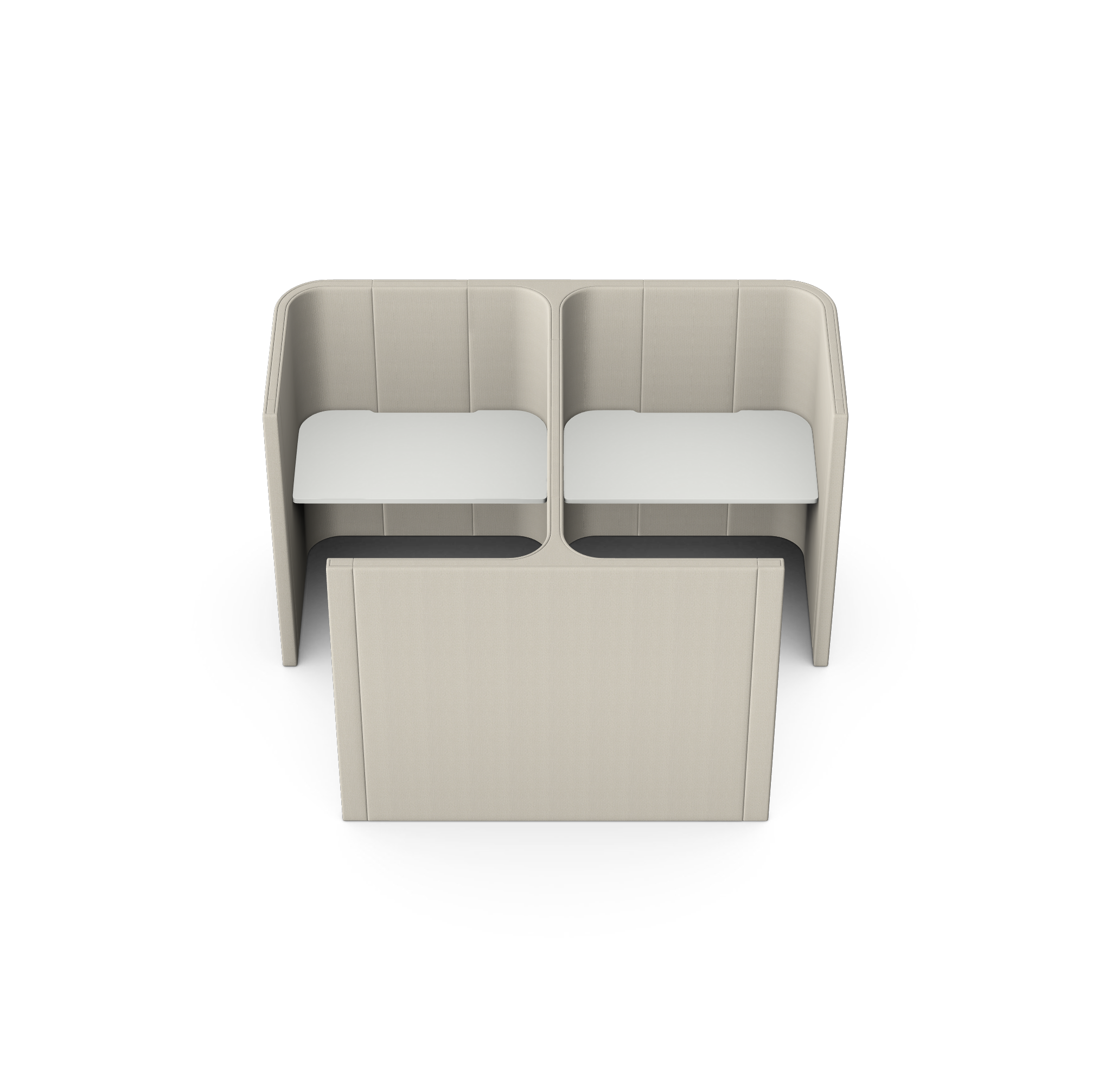 Two beige booth seats with white cushions and a beige table in front, set against a black background.