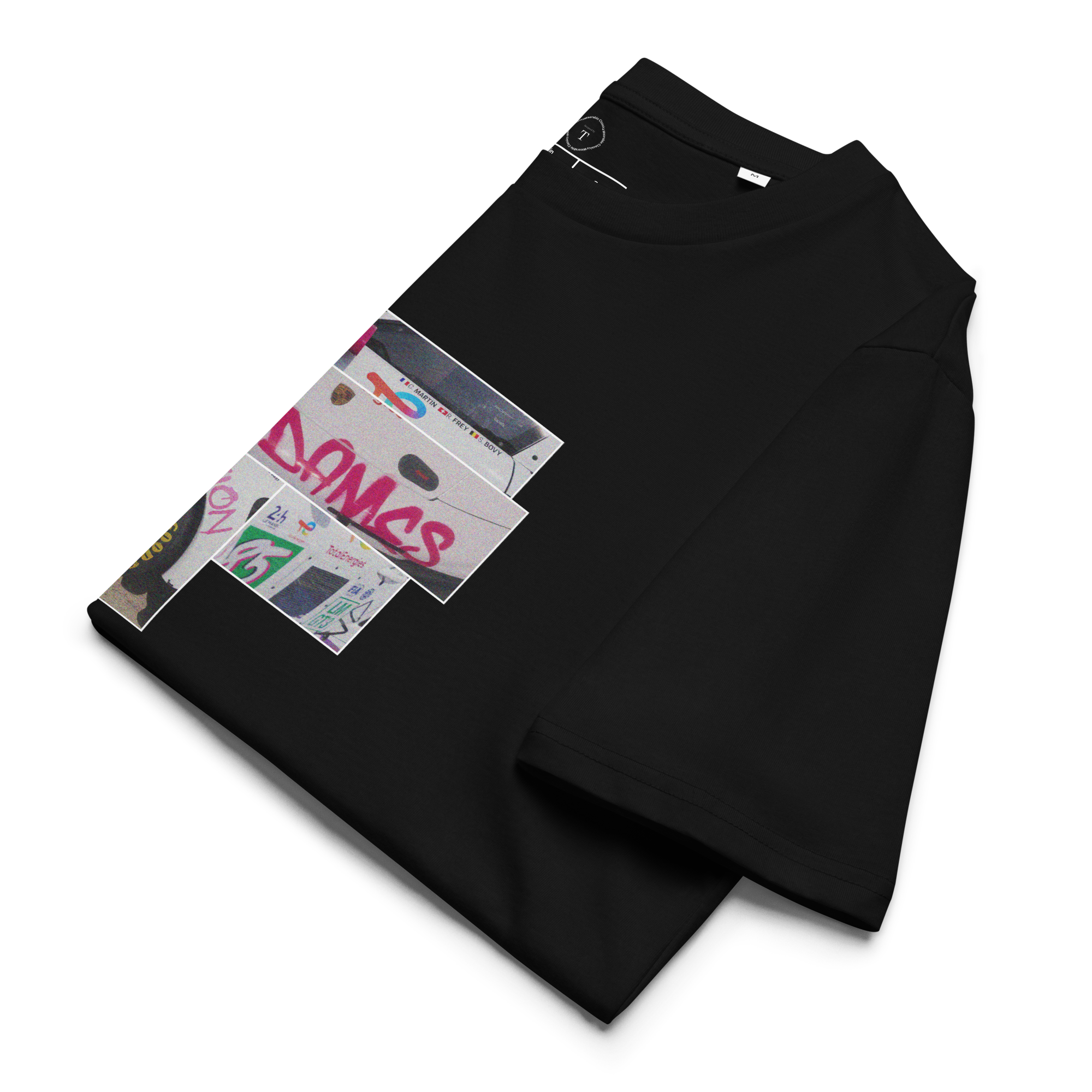 Black Unisex Cotton T-Shirt folded close up with sqaure box design with photographs of Iron Dames from multiple angles at Le Mans