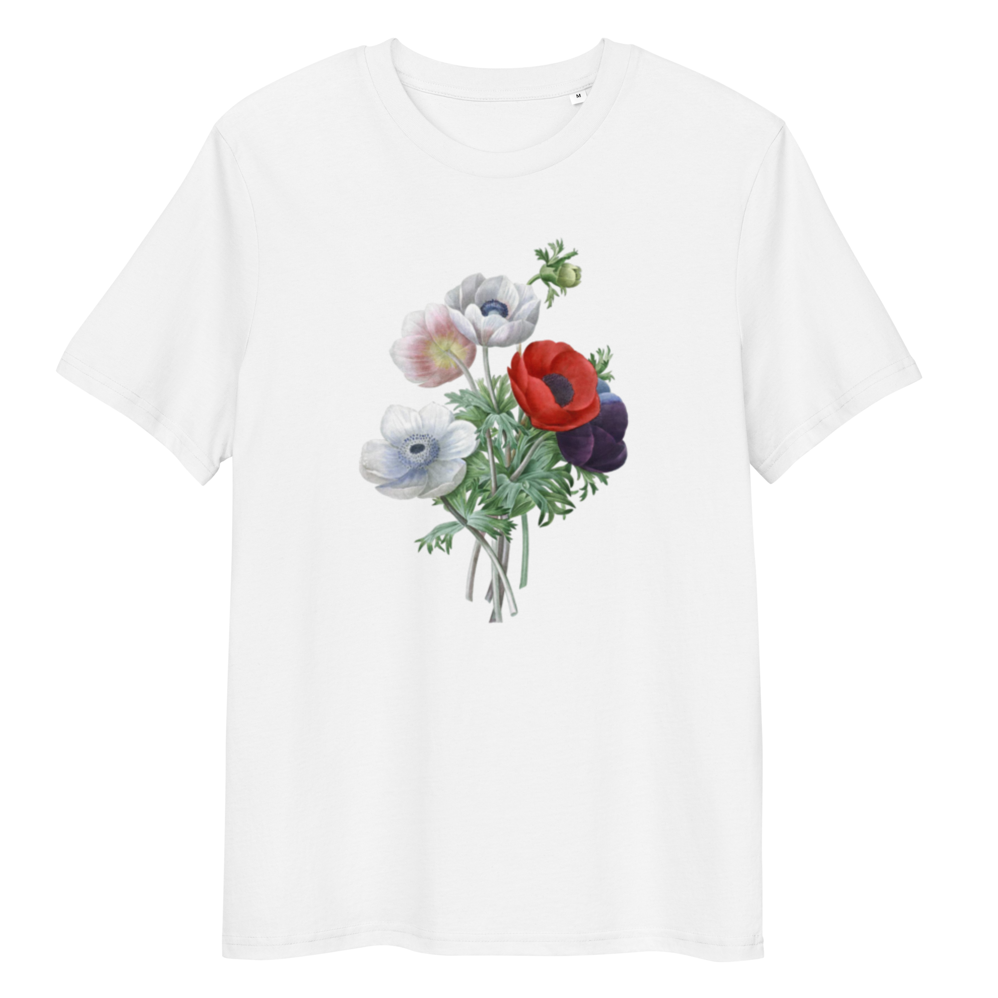 White T-Shirt with image of red, white colourful poppy bouquet in the centre