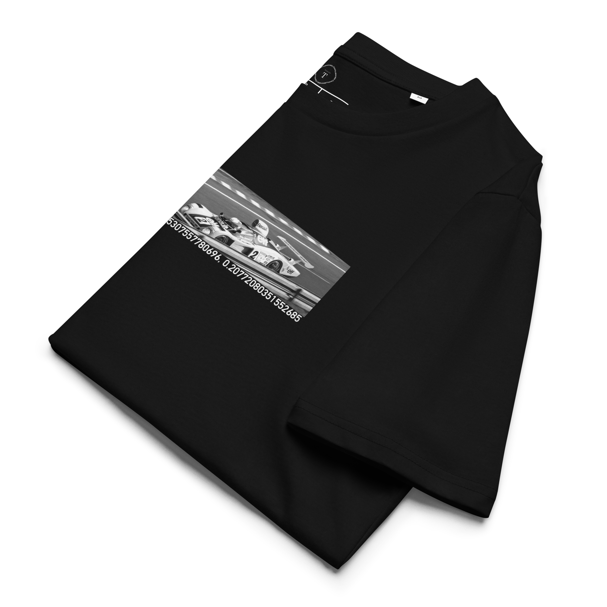 Black Unisex Cotton T-Shirt folded close up with banner image of Alpine 1978 at Le Mans in the centre with text of coordinates and date of race