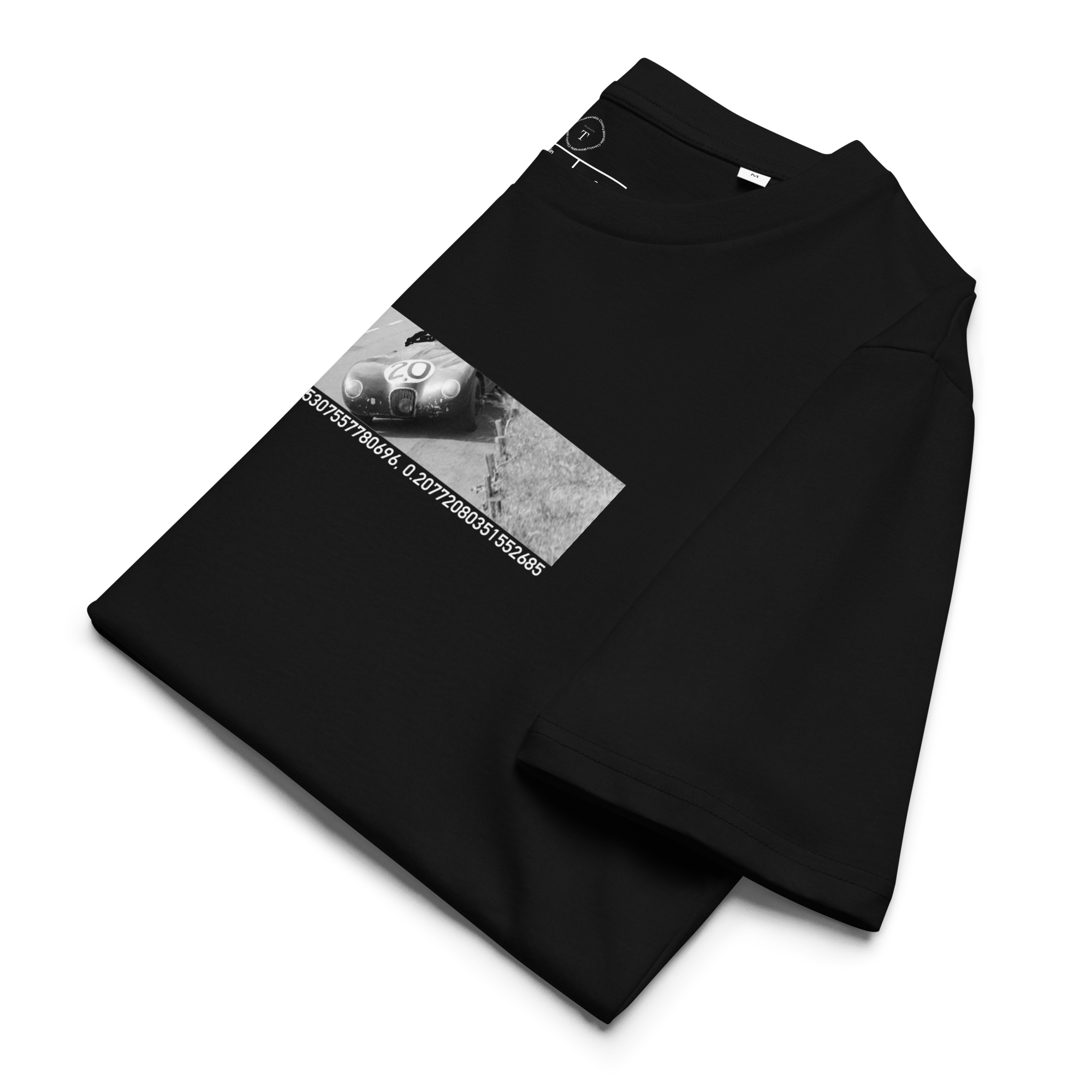 Black Unisex Cotton T-Shirt folded close up with banner image of 1951 Victor Jaguar C Type at Le Mans in the centre with text of coordinates and date of race