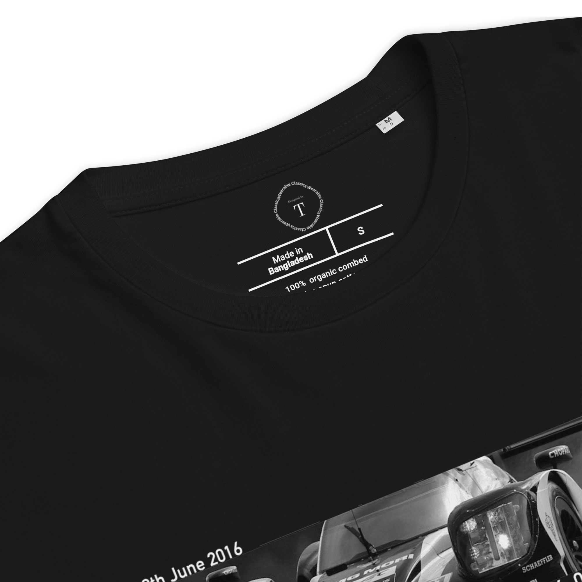 Black Unisex Cotton T-Shirt folded close up with banner image of Porsche 919 Hybrid 2016 at Le Mans in the centre with text of coordinates and date of race