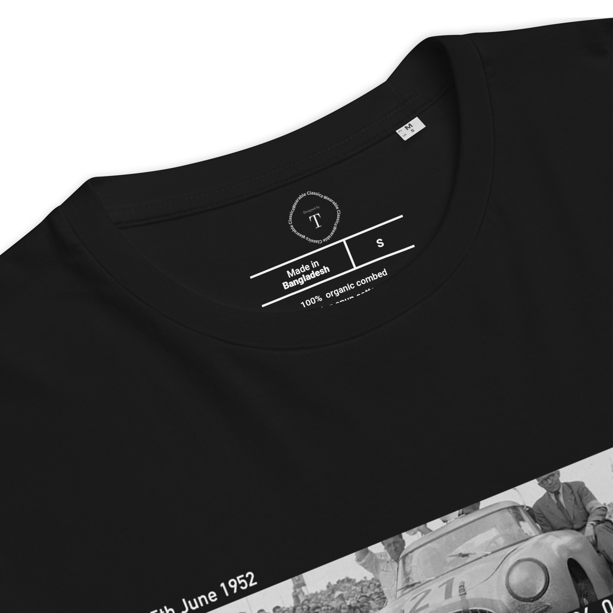 Black Unisex Cotton T-Shirt folded close up with banner image of 1952 Mercedes 300SL Gullwing at Le Mans in the centre with text of coordinates and date of race