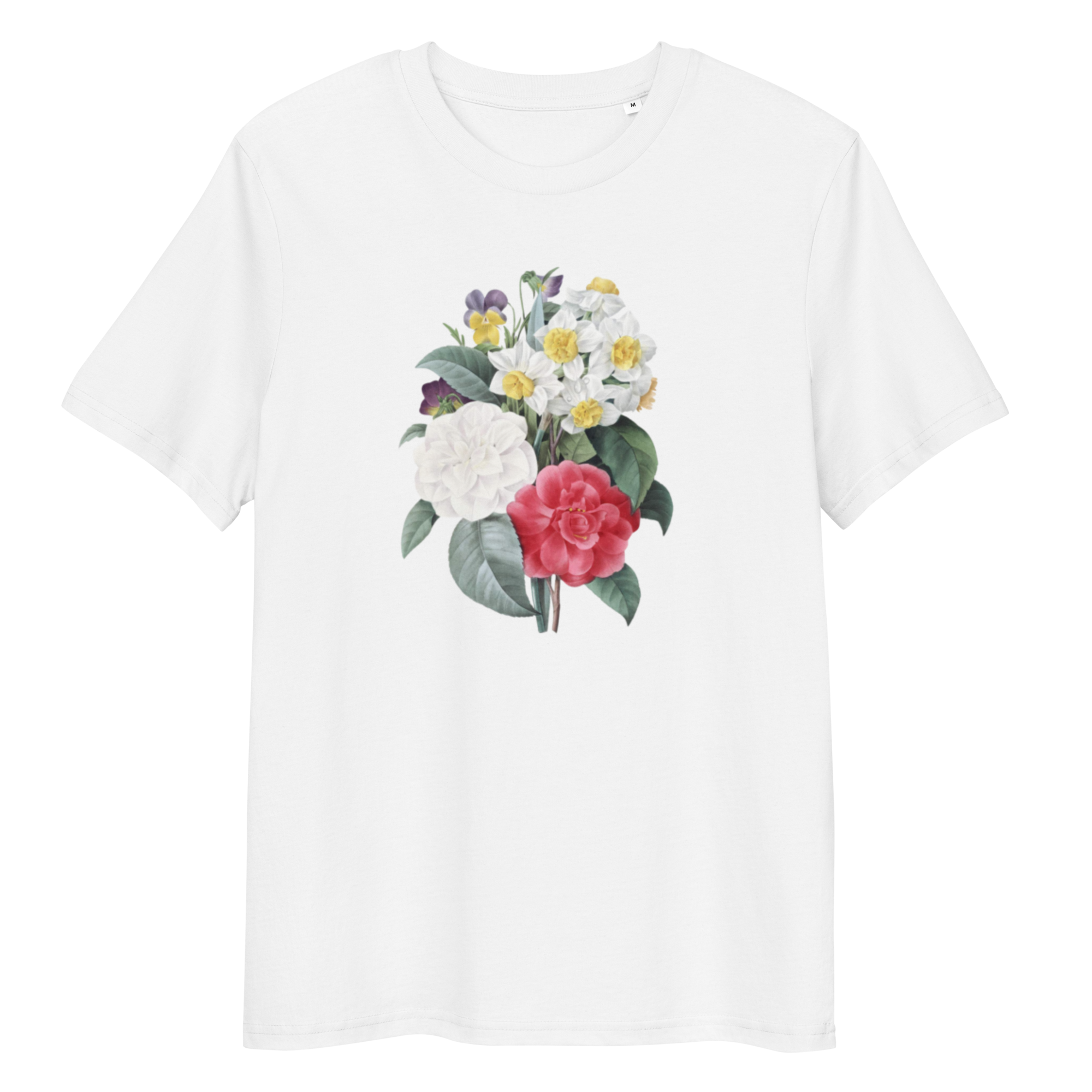 White T-Shirt with image of red and white rose bouquet in the centre