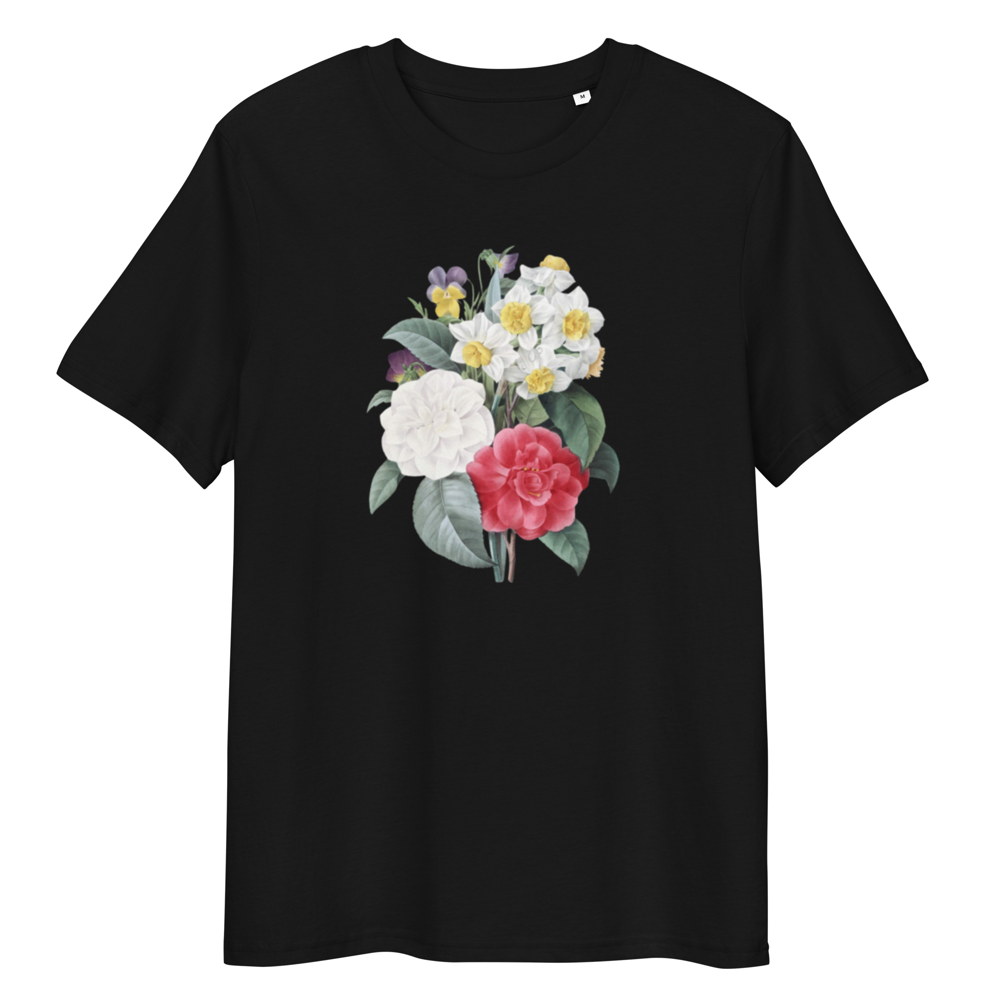 Black T-Shirt with image of red and white rose bouquet in the centre