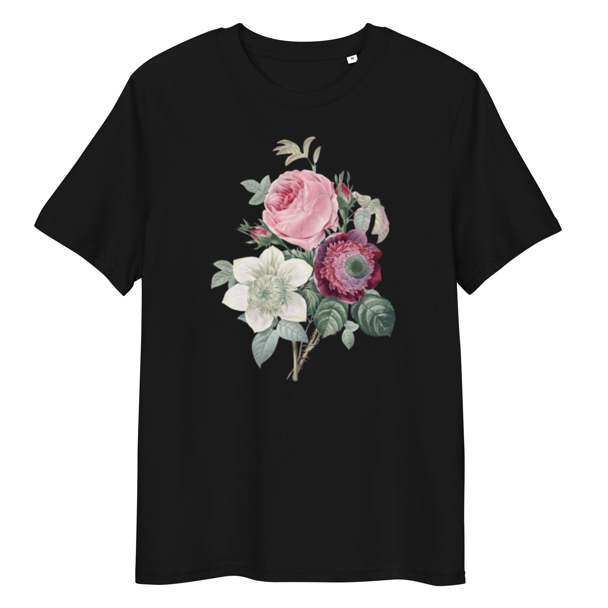 Black T-Shirt with image of pink flowers bouquet in the centre