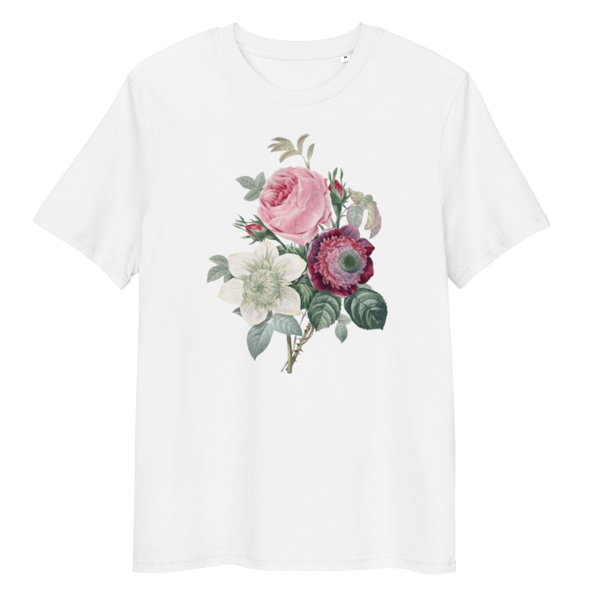 White T-Shirt with image of pink flowers bouquet in the centre