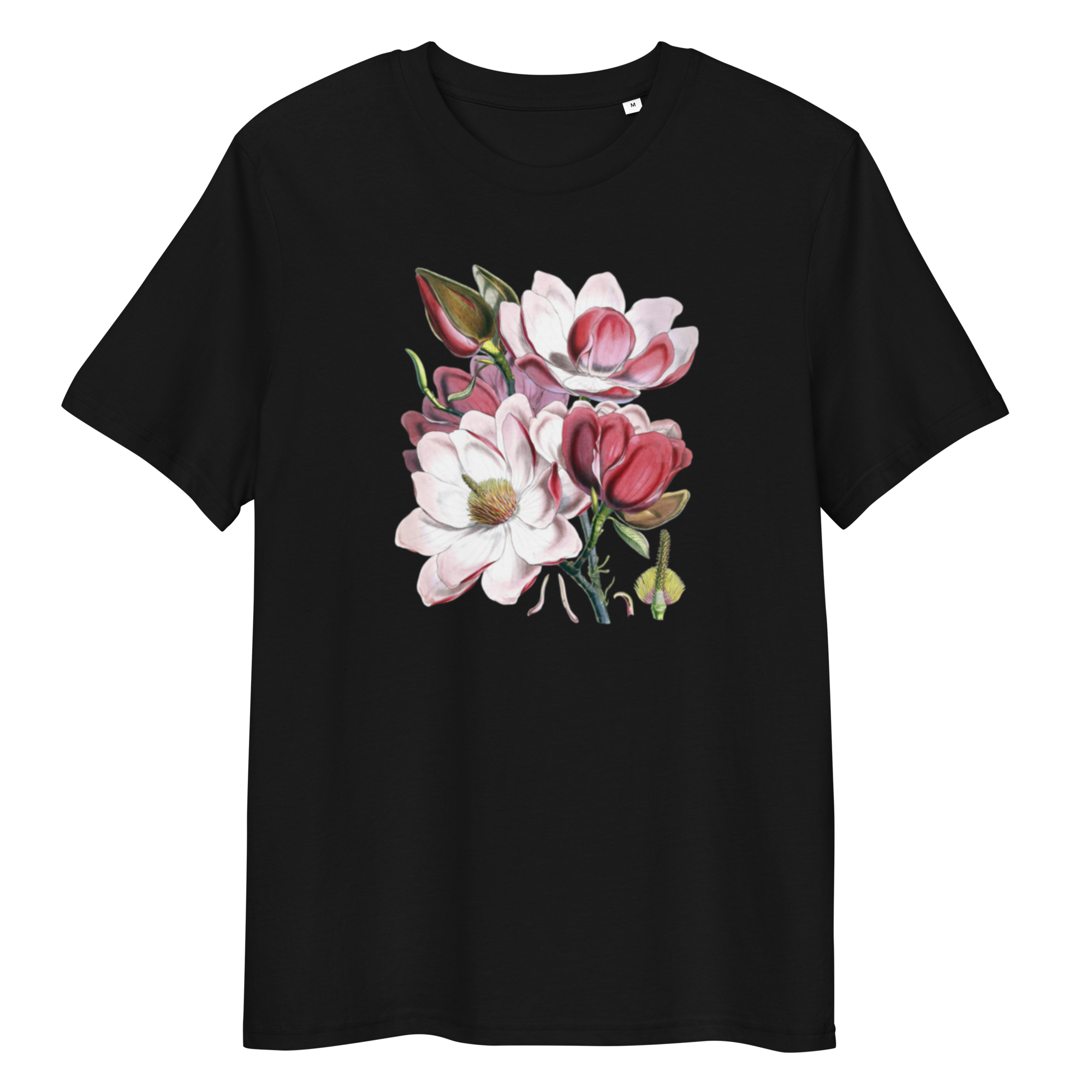 Black T-Shirt with image of pink and white magnolia bouquet in the centre