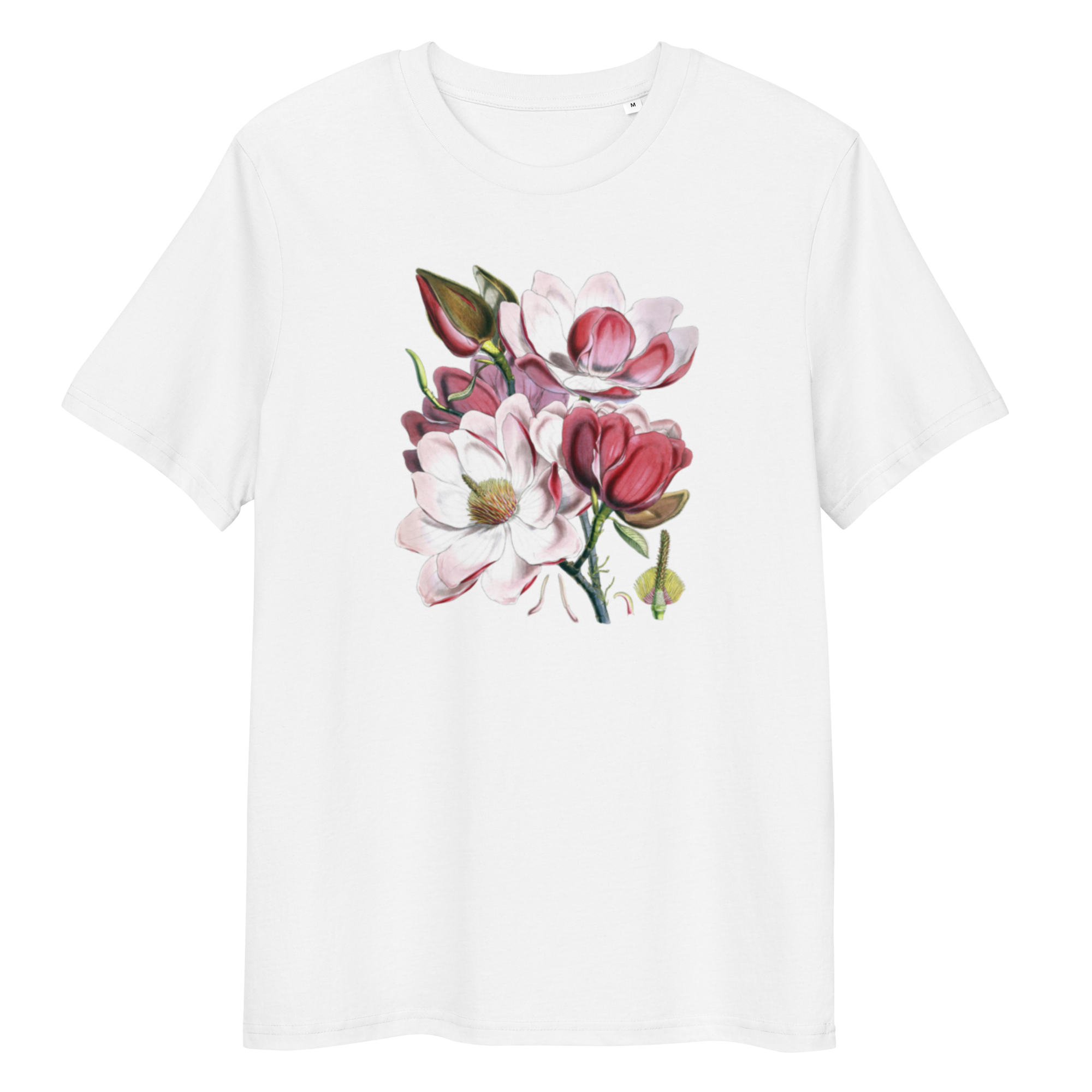 White T-Shirt with image of pink and white magnolia bouquet in the centre