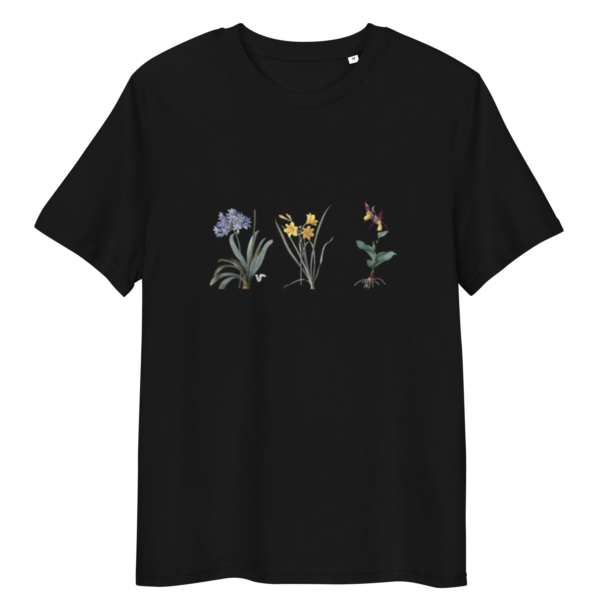 Black T-Shirt with image blue, yellow and red flowers in a line in the centre